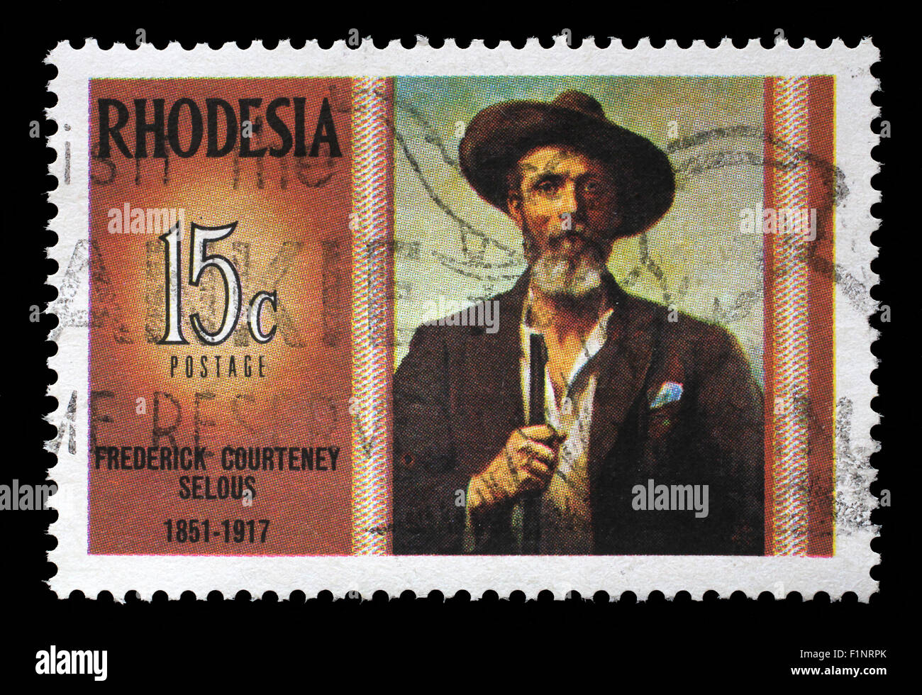 Stamp in Rhodesia shows Frederick Courteney Selous (1851-1917), explorer, big game hunter, series Famous Rhodesians, circa 1971 Stock Photo