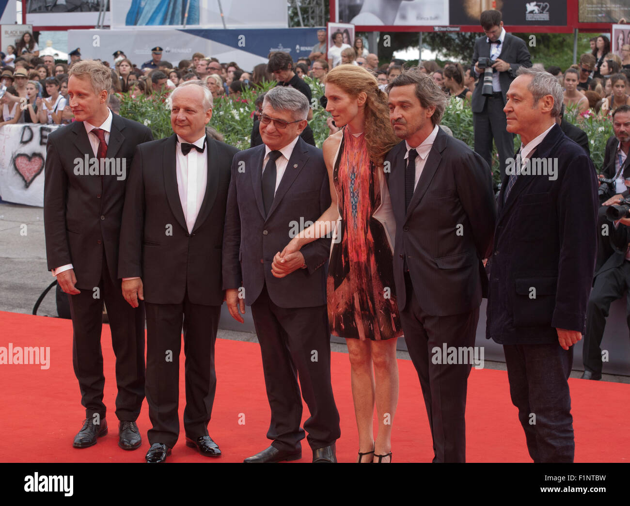 Venice, Italy. 4th September, 2015. Benjamin Utzerath, Vincent Nemeth, Aleksandr Sokurov, Johanna Korthals Altes, Louis-Do de Lencquesaing and Pierre-Olivier Bardet at the gala screening for the film Francofonia at the 72nd Venice Film Festival, Friday September 4th 2015, Venice Lido, Italy. Credit:  Doreen Kennedy/Alamy Live News Stock Photo