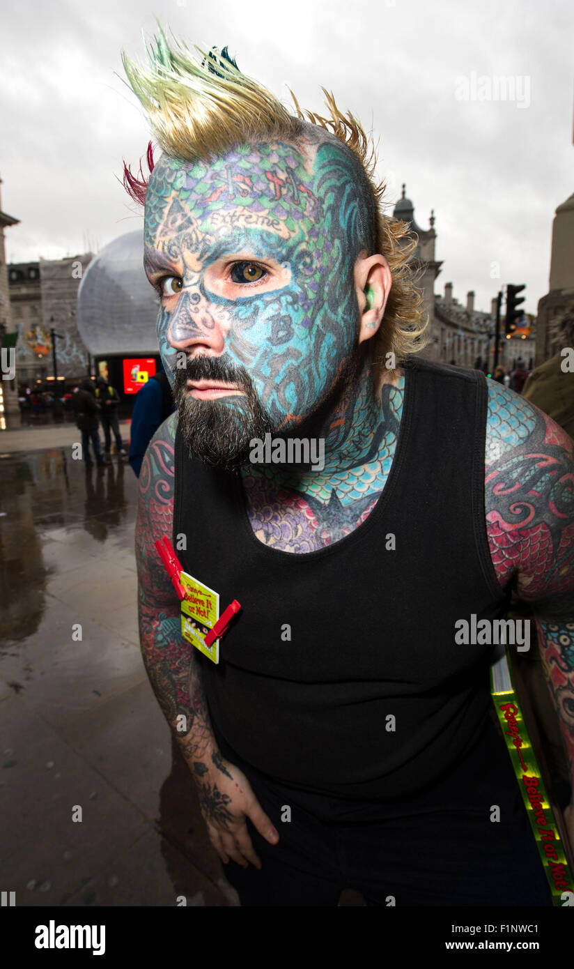 Mathew Whelan who changed his  name to ‘King of Ink Land King Body Art The Extreme Ink-Ite’has  80% of body covered with tattoos Stock Photo