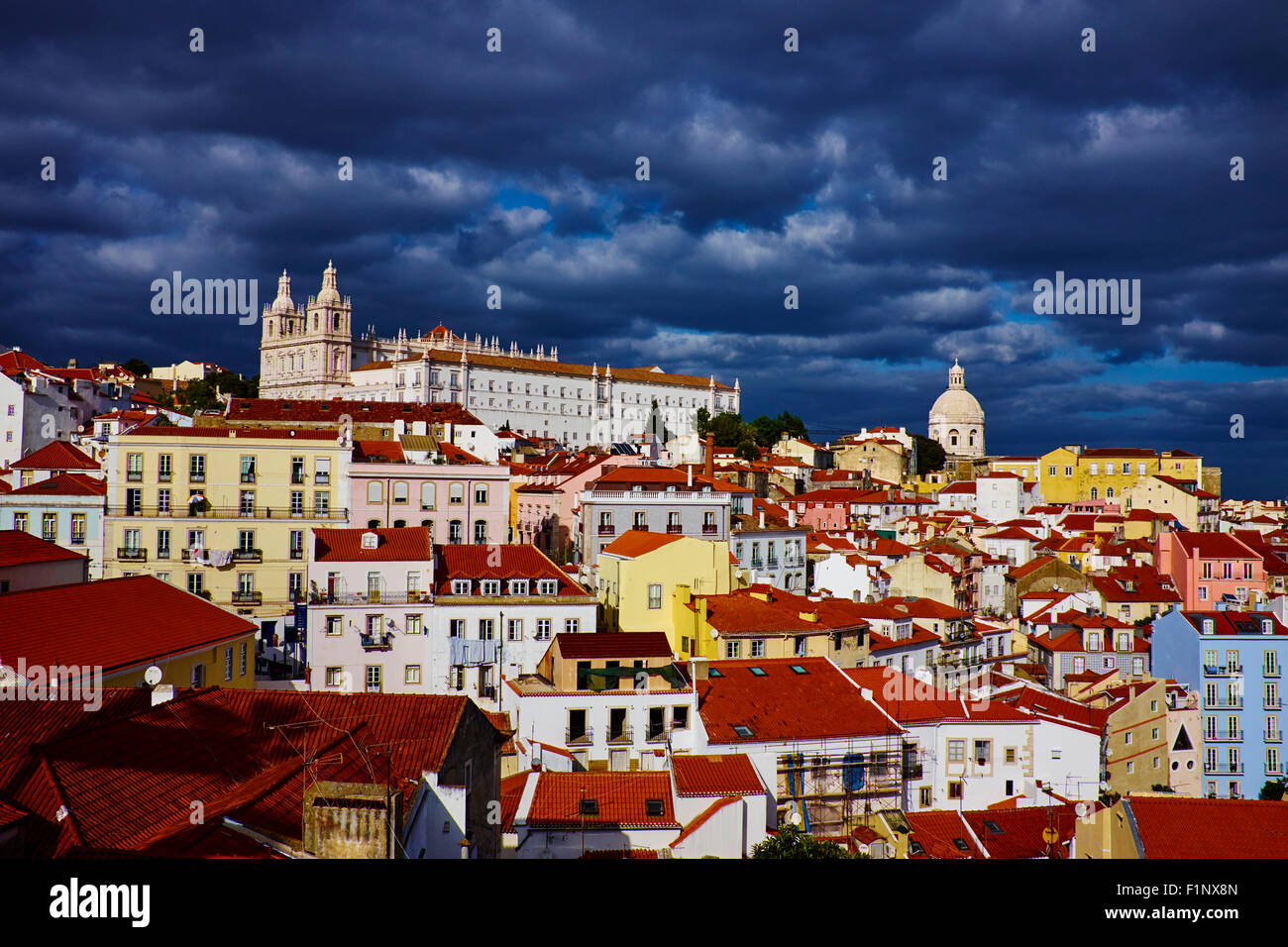 Portugal, Lisbon, Alfama from Santa Luzia belvedere, view on Sao Vicente de Fora monastery and National Pantheon Stock Photo