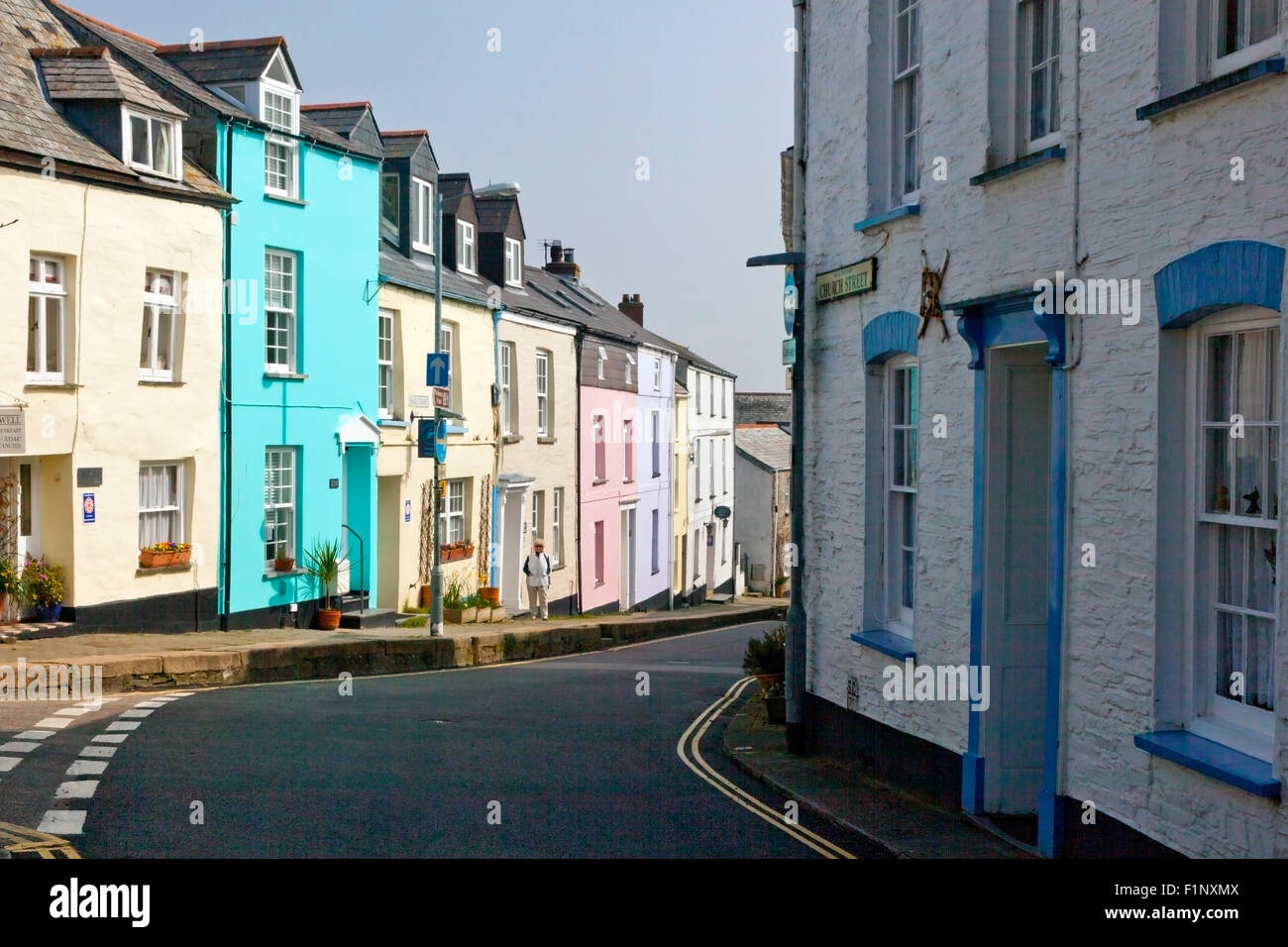 Colourful terraces of cottages in Duke Street and Church Street, Padstow, Cornwall, England, UK