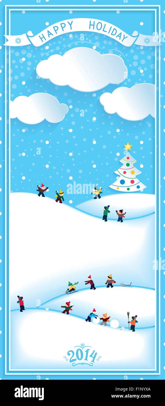 Happy Holidays Vertical Banners Winter Landscape In Cartoons Style With Playing Kids And Christmas Tree On Blue Background Stock Vector Image Art Alamy Happy Holidays Vertical Banners Winter Landscape In Cartoons Style With Playing Kids And Christmas Tree On Blue Background Stock Vector Image Art Alamy