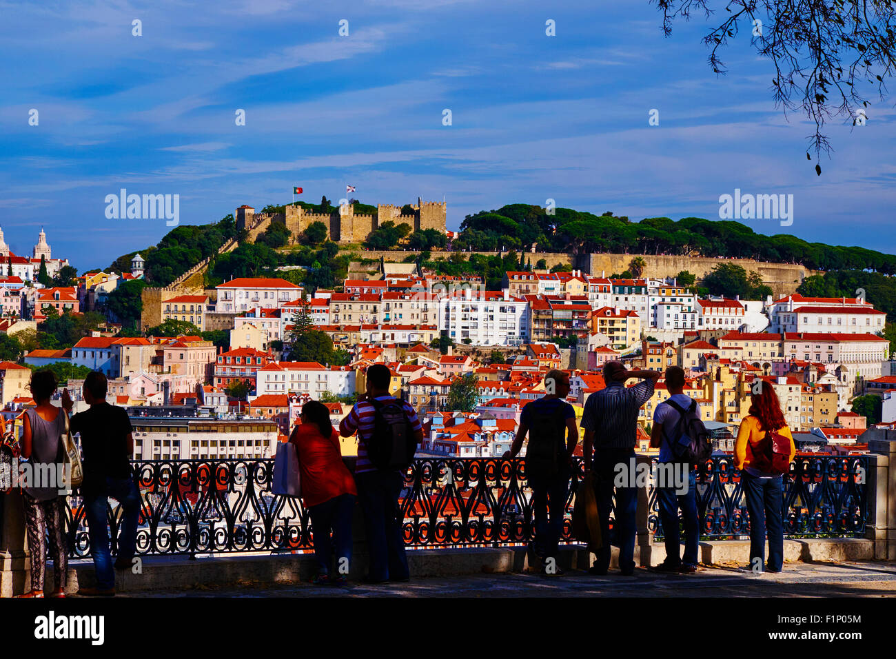Portugal, Lisbon, city and Castelo Sao Jorge or Saint Georges Castle from Miradouro de Sao Pedro de Alcantara Stock Photo