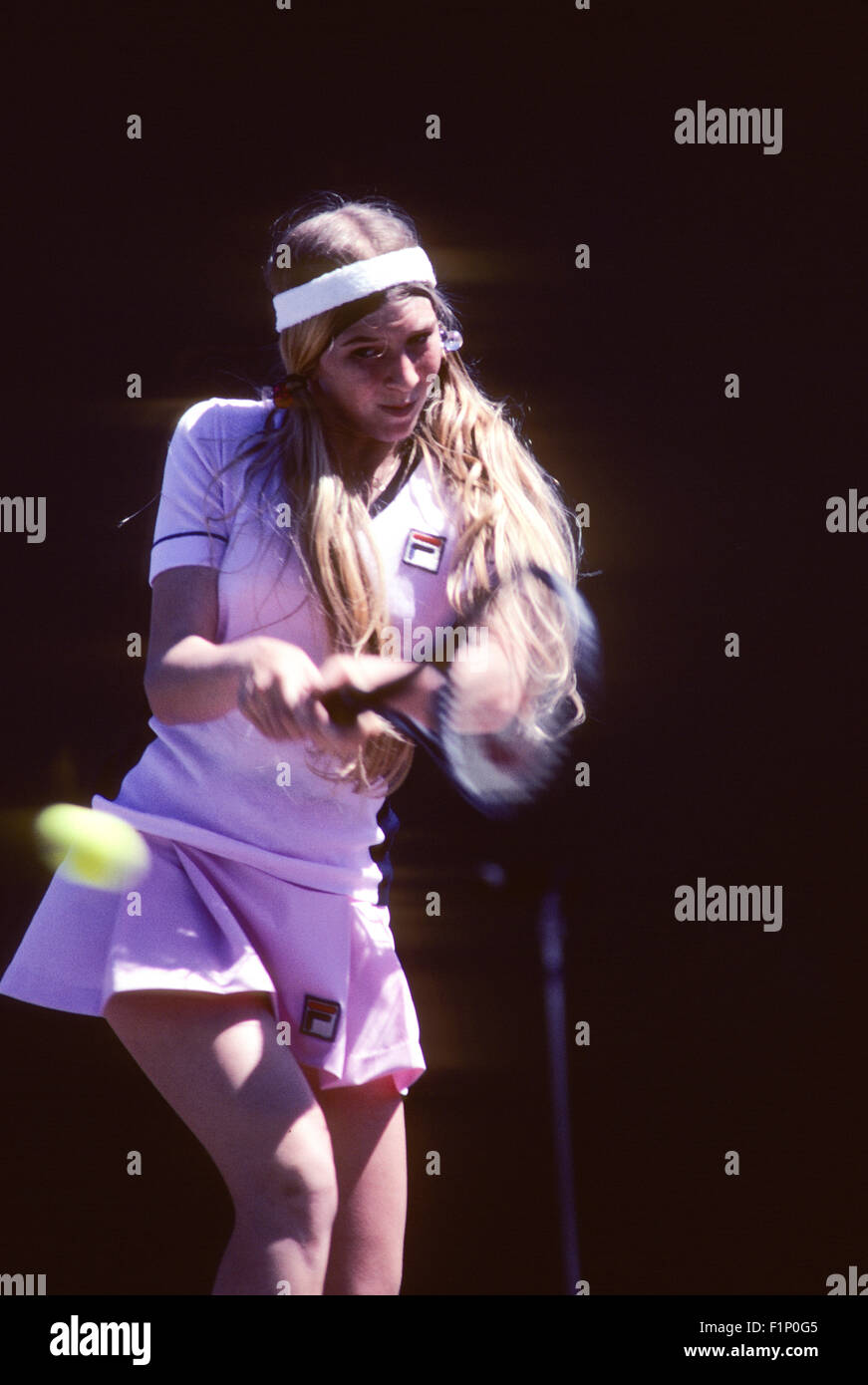 Andrea Jaeger in action at the Clairol Crown tennis tournament at La