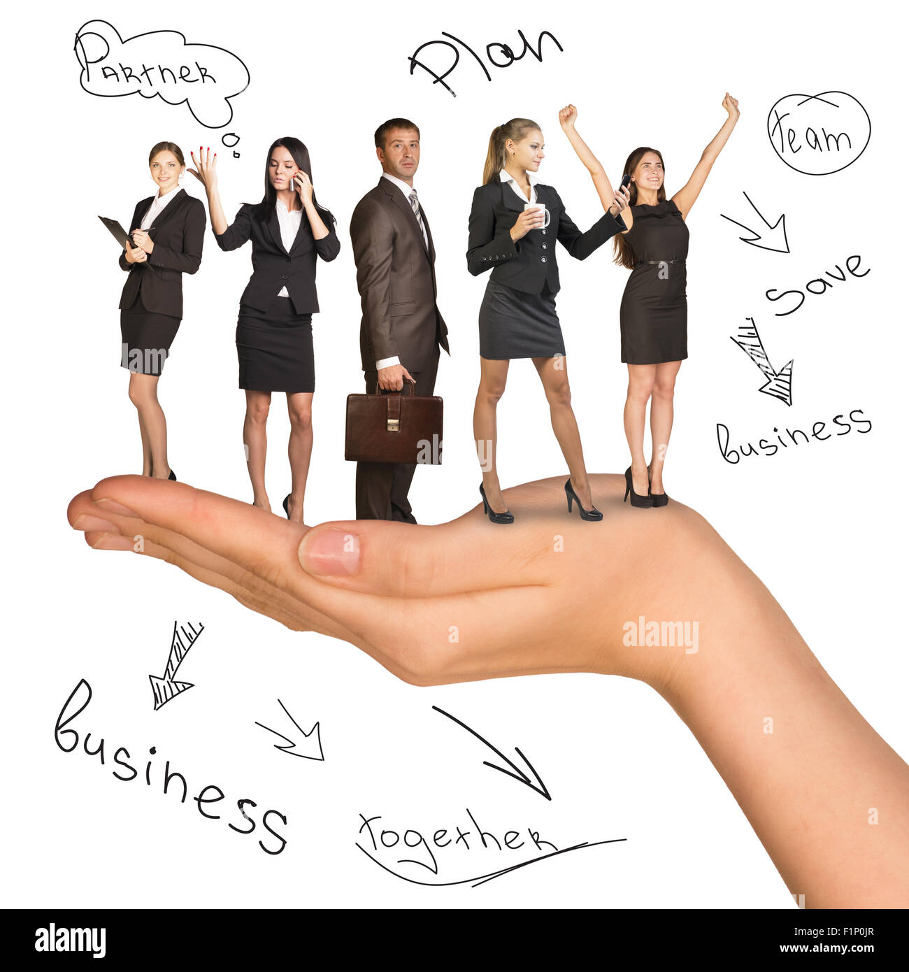 Businessman and women in humans hand Stock Photo