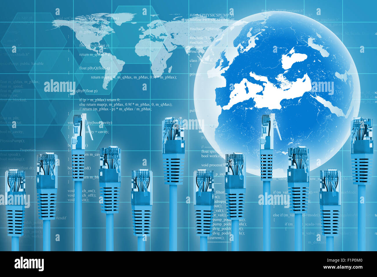 Computer cables with Earth and world map Stock Photo - Alamy