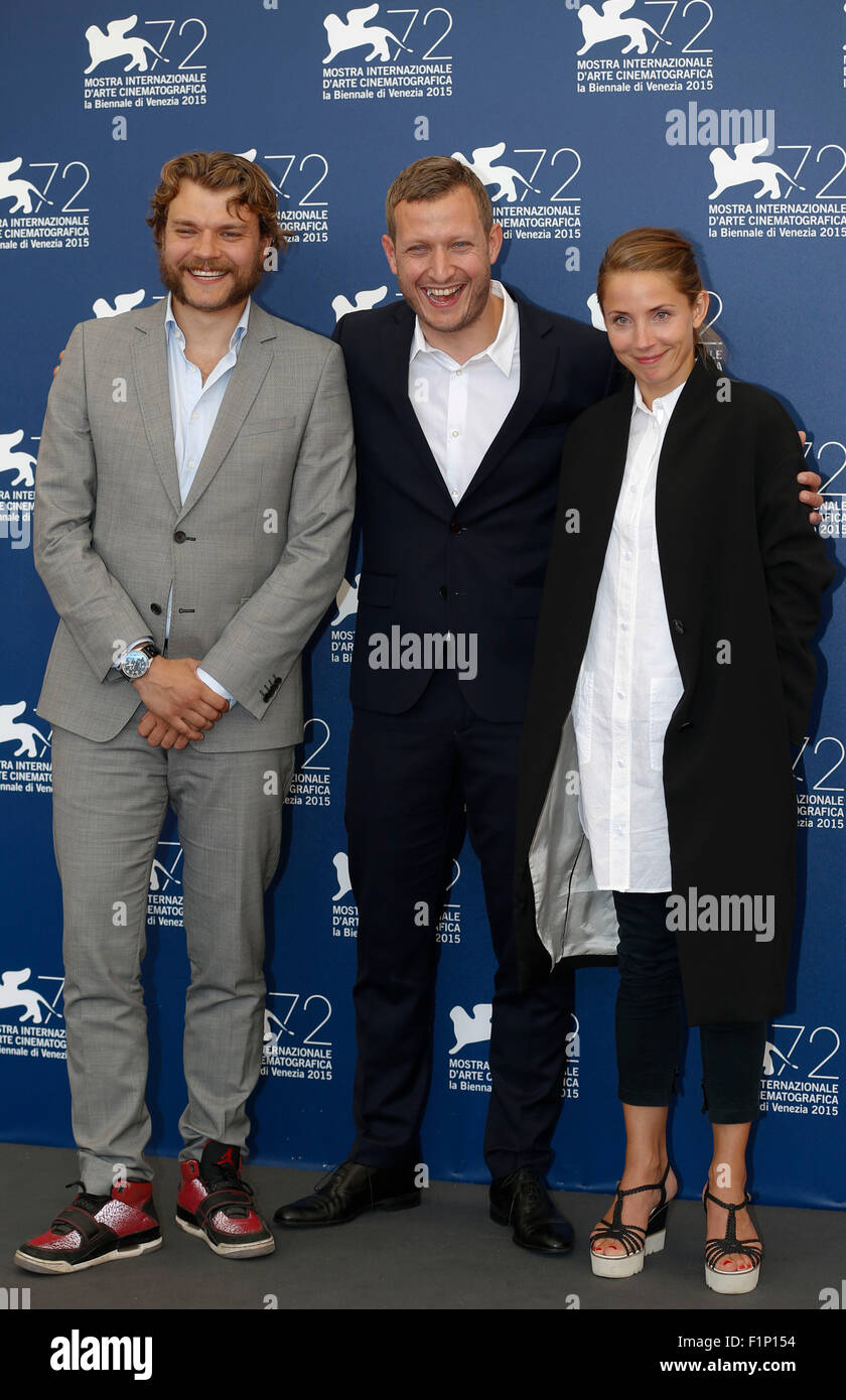 (150905) -- VENICE, Sept. 5, 2015 (Xinhua) -- Actor Pilou Asbaek (L), director Tobias Lindholm (C) and actress Tuva Novotny attend a photocall for 'A War' during the 72nd Venice Film Festival at Lido island in Venice, Italy, Sept. 5, 2015. (Xinhua/Ye Pingfan) Stock Photo