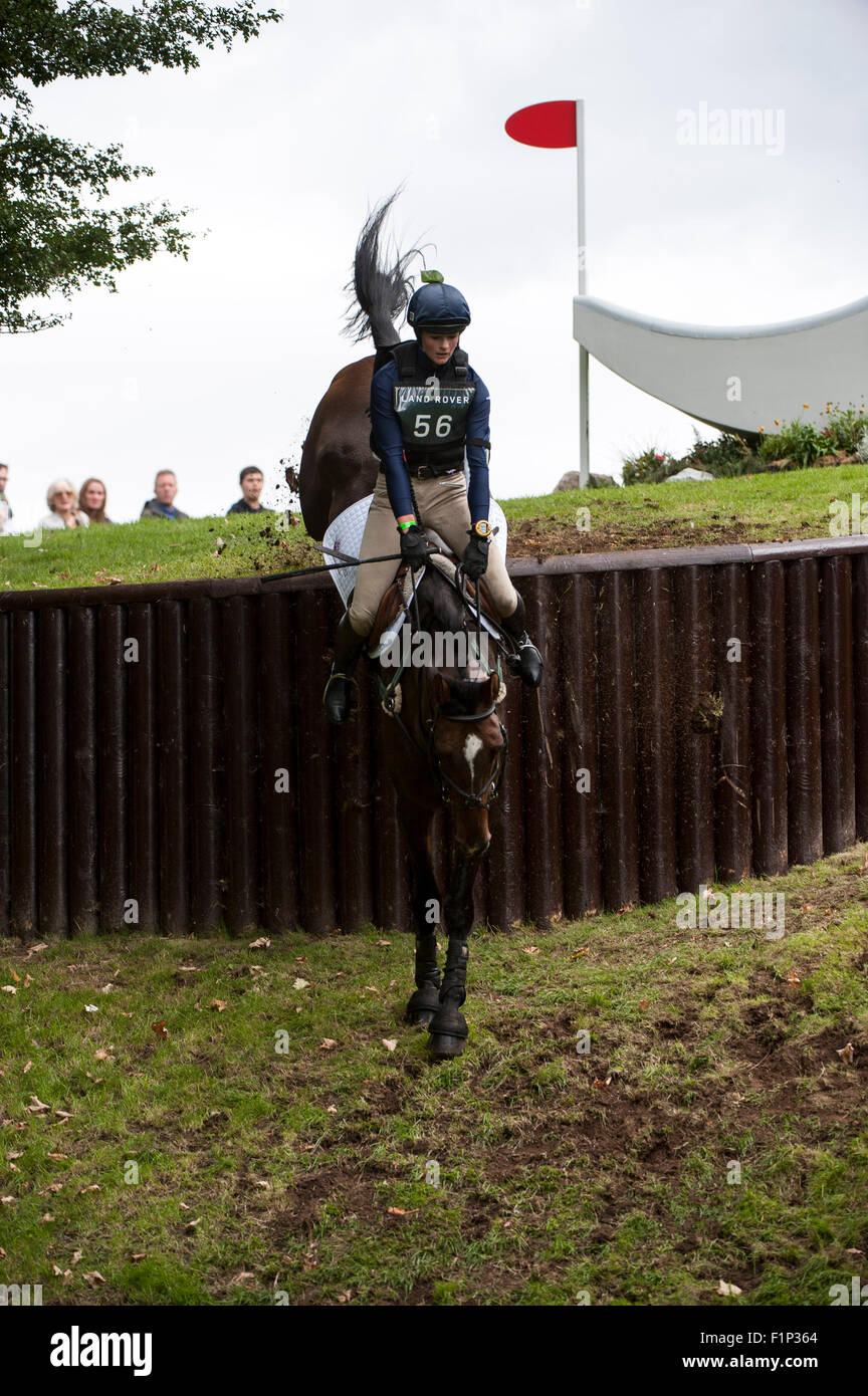 Stamford, Lincs, UK. 5th September, 2015. Sophie Jenman (GBR) riding Geronimo [#56] in the Cross Country Phase on competition day three. The Land Rover Burghley Horse Trials 2015 Credit:  Stephen Bartholomew/Alamy Live News Stock Photo