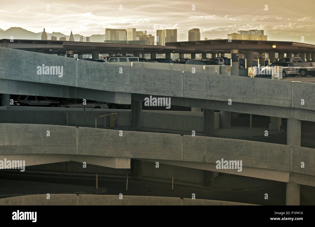 Multi Level Parking in Las Vegas, Nevada, USA. Parking Space with Vegas Strip in the Background Stock Photo