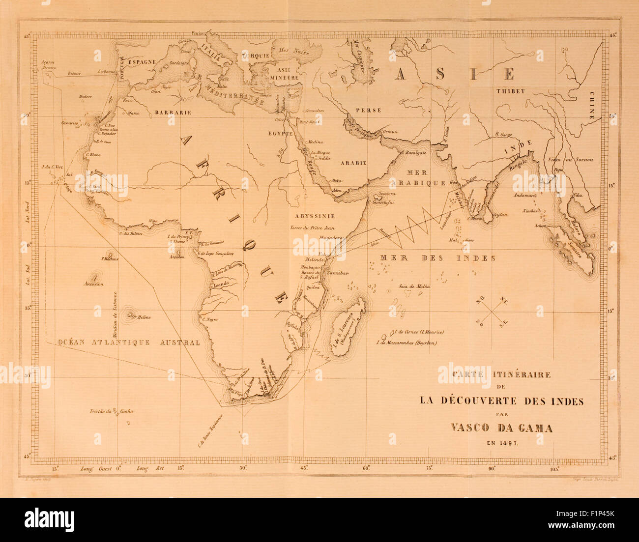 Map showing route from Europe to India taken by Vasco da Gama (1460-1524), Portuguese explorer and the first European to successfully navigate the route from Europe round the Cape of Good Hope to India, landing on 20 May 1498. See description for more information. Stock Photo