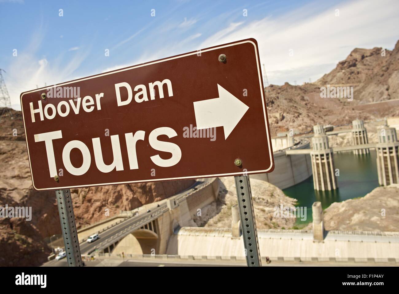 Hoover Dam Tours Sign and Hoover Dam (Nevada/Arizona Border USA) in
