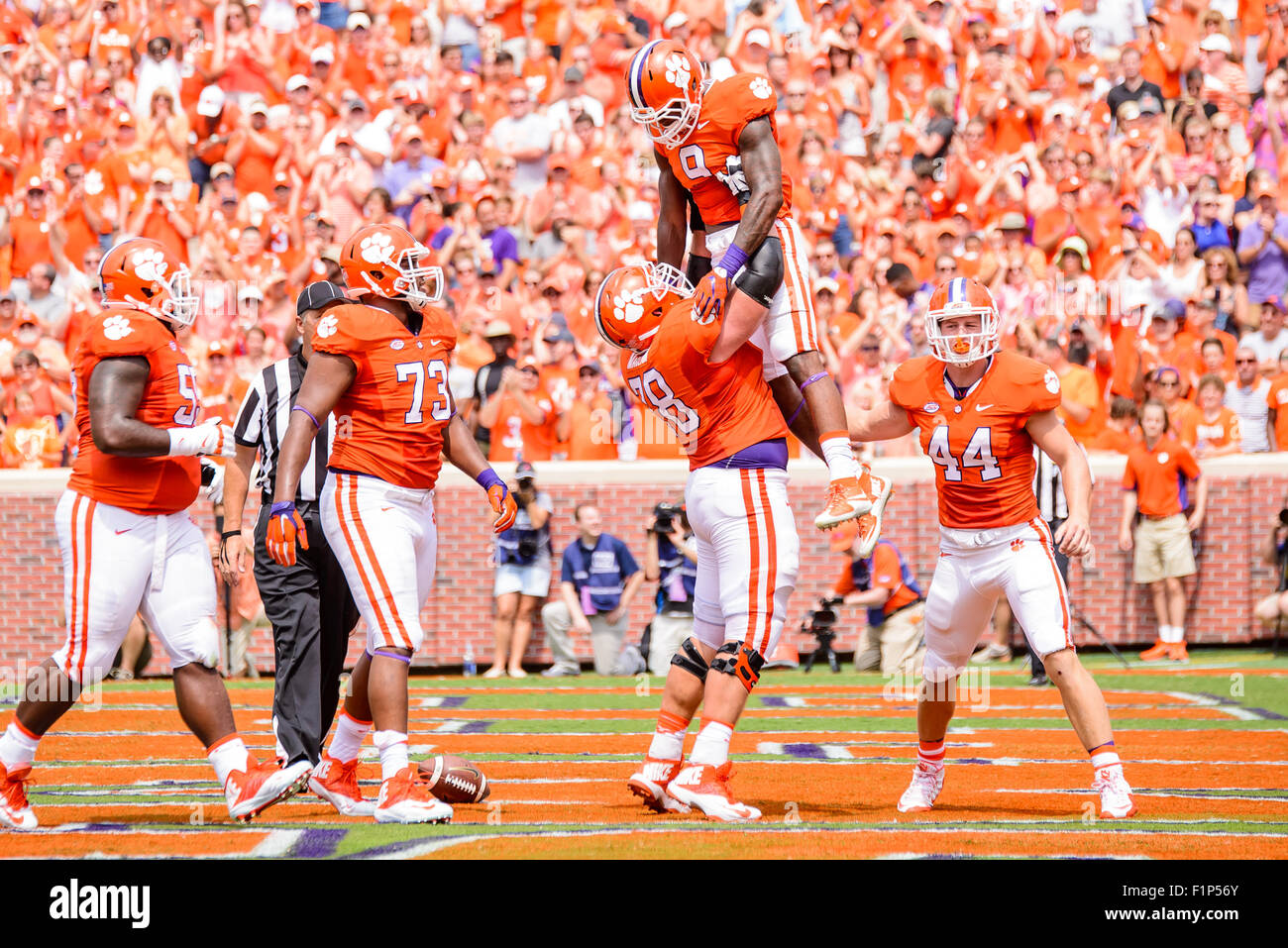 Clemson Tigers running back Wayne Gallman (9) celebrates with his teammates after scoring a touchdown in action during the NCAA Football game between Wofford Terriers and Clemson Tigers at Death Valley in Clemson, SC. David Grooms/CSM Stock Photo