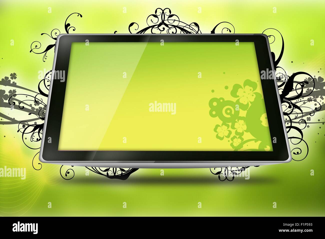 Floral Tablet. Cool Yellow-Kiwi Colors Tablet Computer with Vector Floral Elements - Floral Ornaments.. Technology and Art. Stock Photo