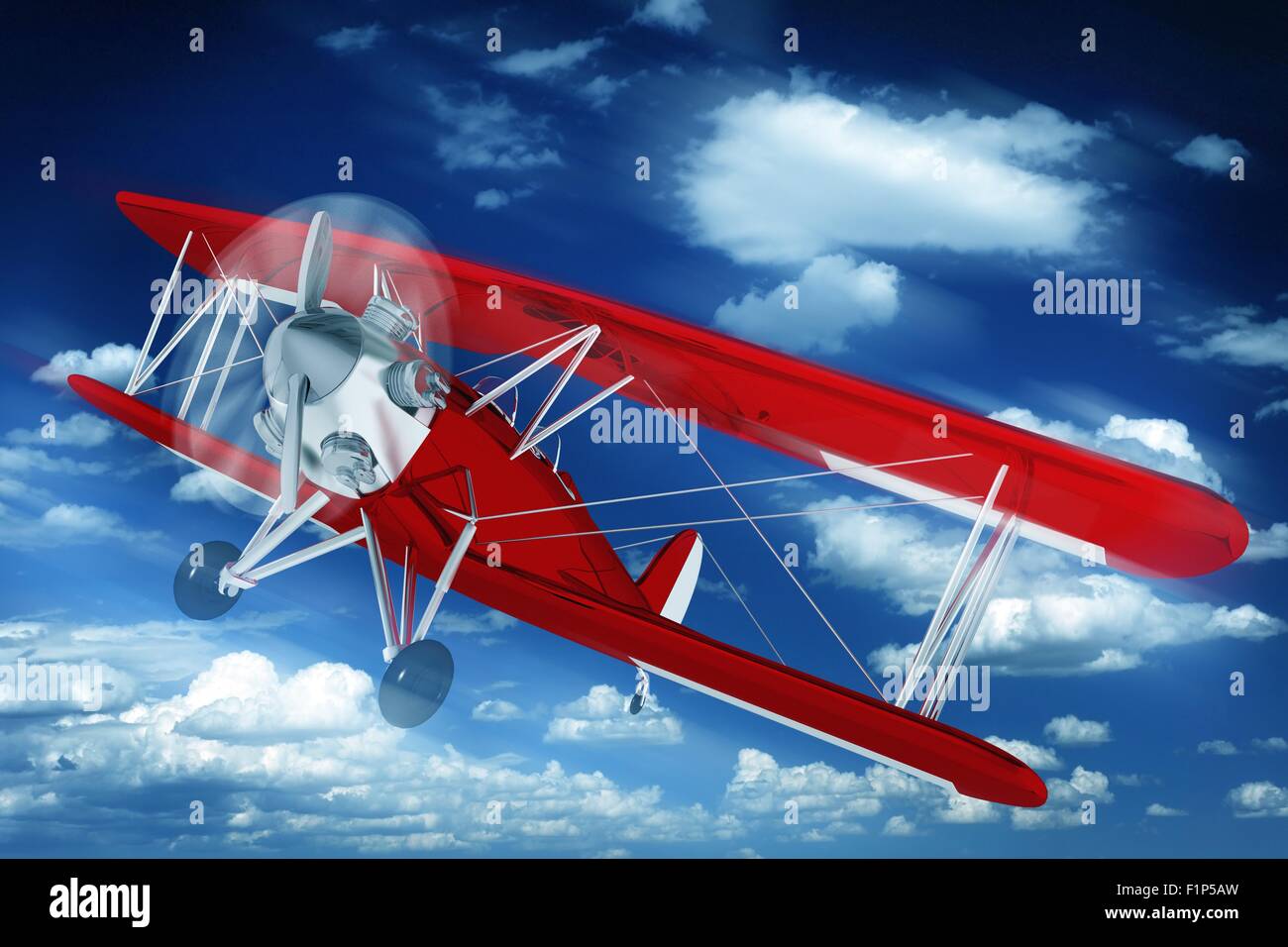 Red Biplane on the Sky. Aeroplane Illustration. 3D Rendered Biplane. Air Transportation Illustration Collection Stock Photo
