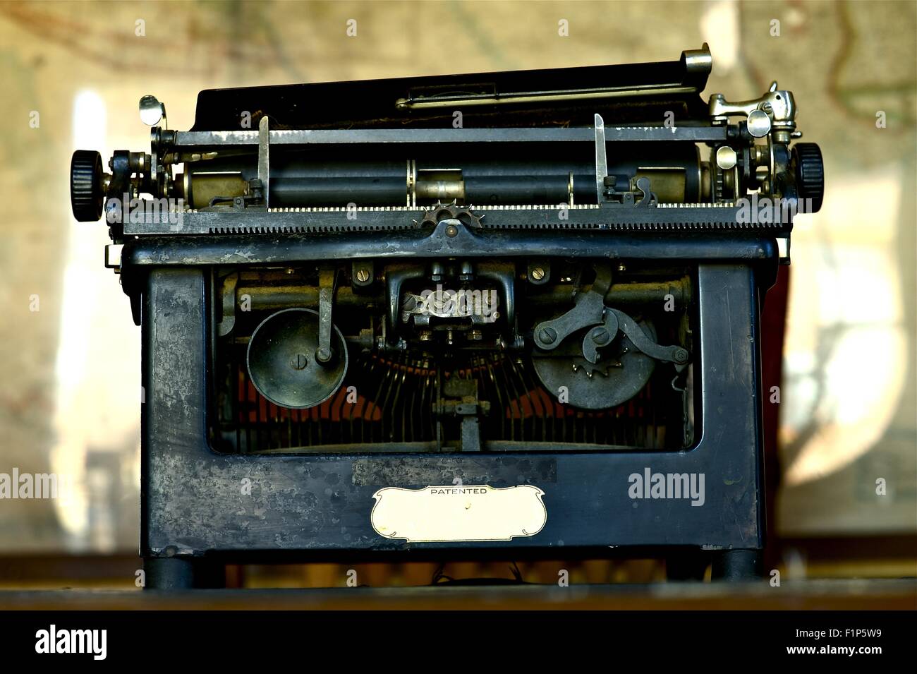 Vintage Writing Machine. Pretty Old American Typewriter. Horizontal Photo. Historical Objects Photo Collection. Stock Photo