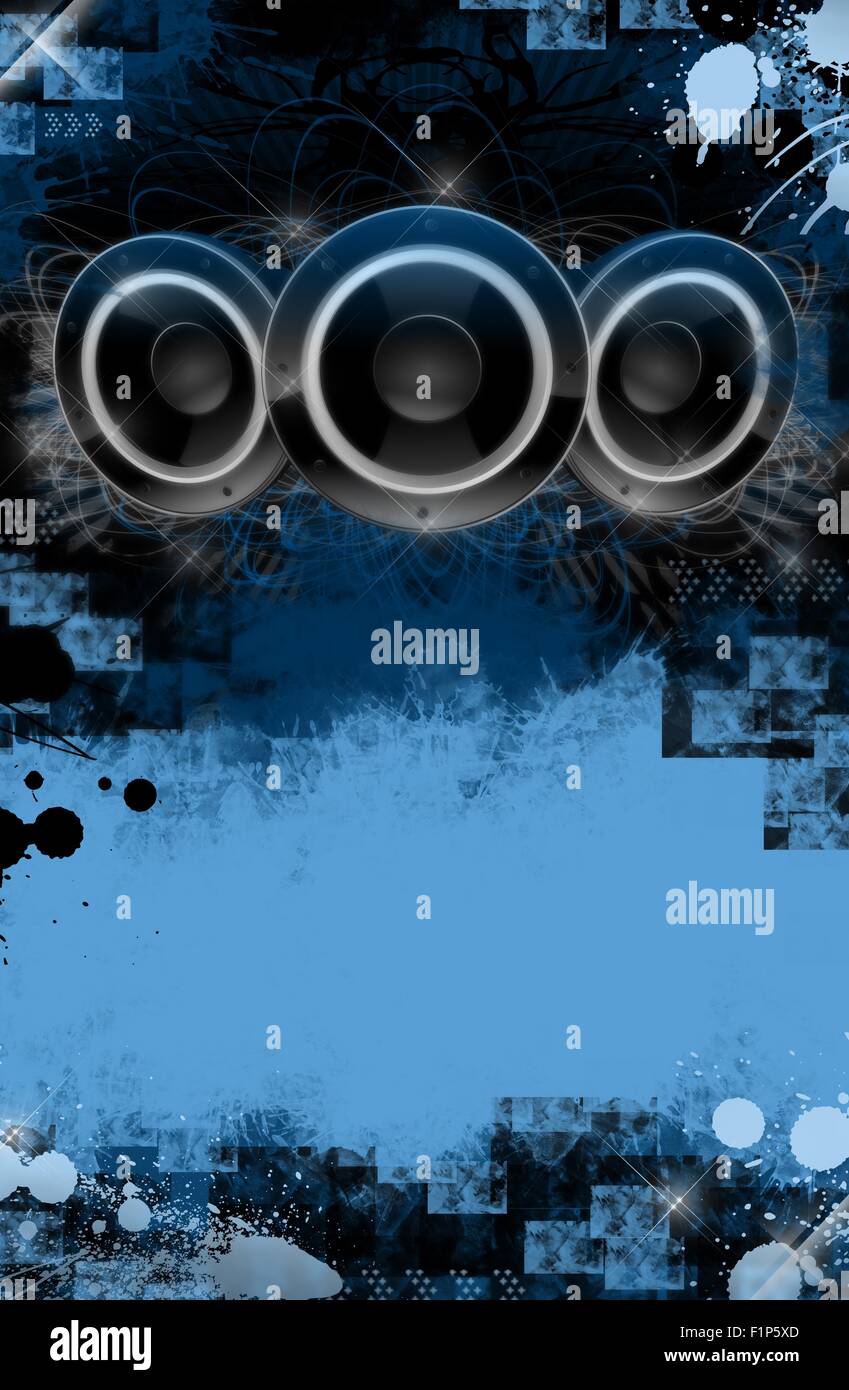 Grunge Music Event Poster Background. Blue and Black Cool Grunge Background with Some Splashes and Large Three Speakers on the T Stock Photo