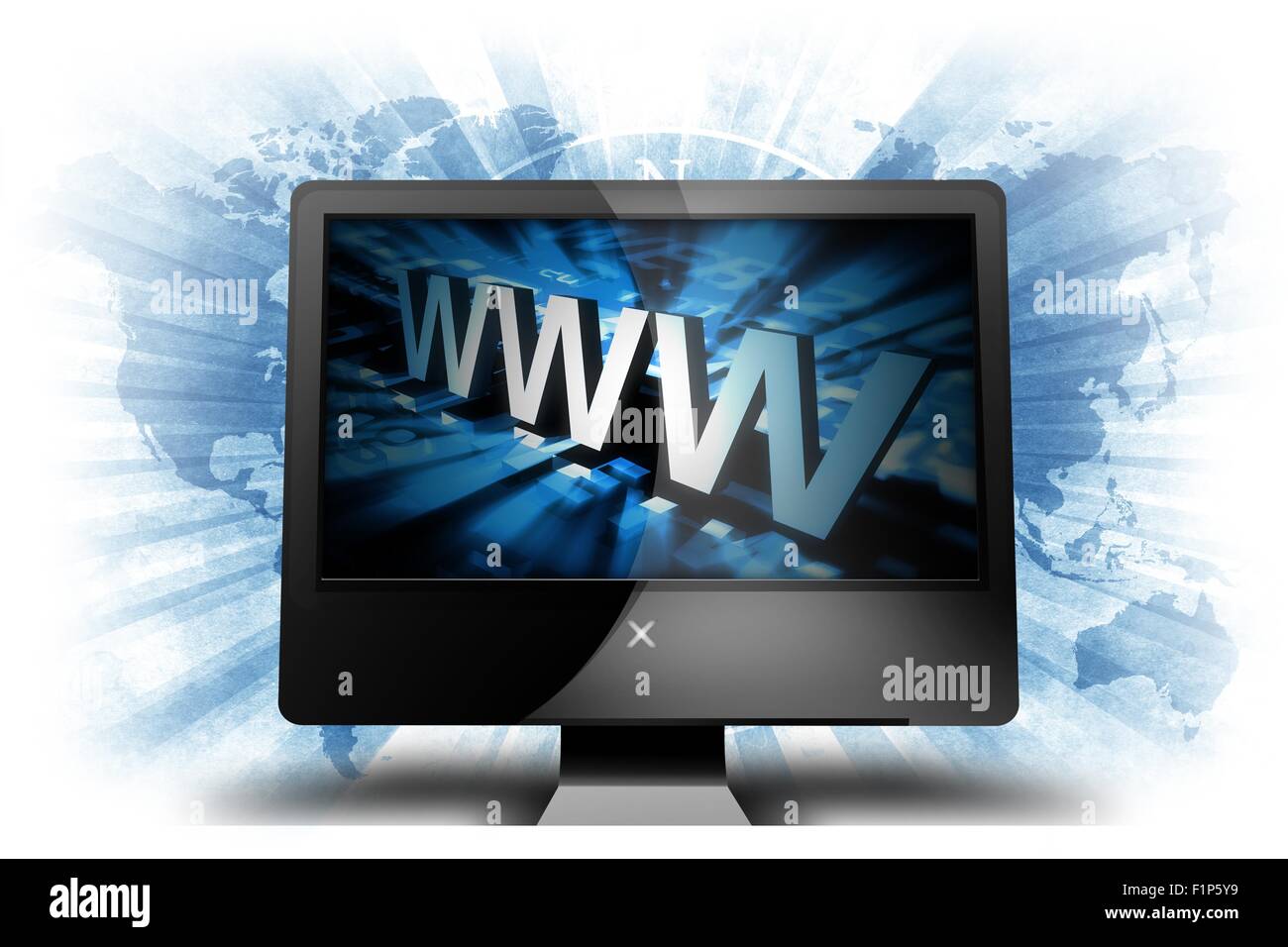 Modern Computer with Wide Screen Display. 3D WWW on Screen. Grungy Blue World Map in Background. Technology Illustration. Stock Photo