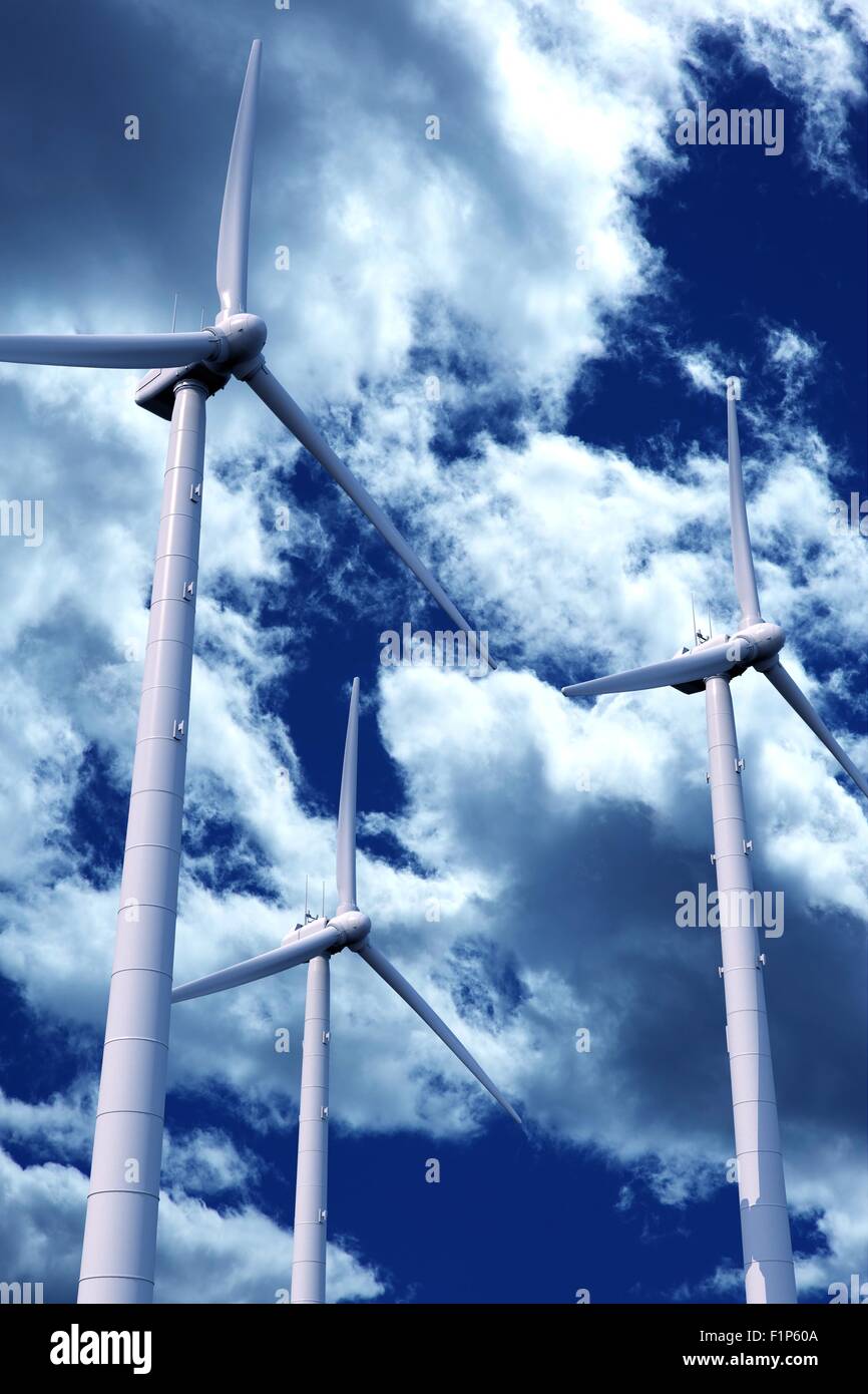 Three Modern Wind Turbines on Cloudy Blue Sky. Vertical Illustration. Green Energy - Alternative Energy Theme Stock Photo