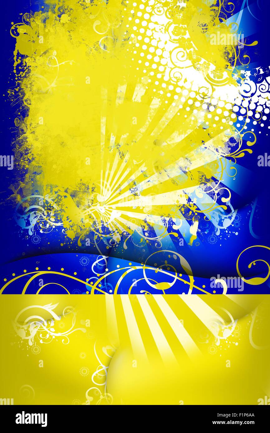 Cool Dark Blue - Yellow-Kiwi Grunge Background (Copy Space) with Grunge Rays and Floral Elements. Vertical Design Stock Photo
