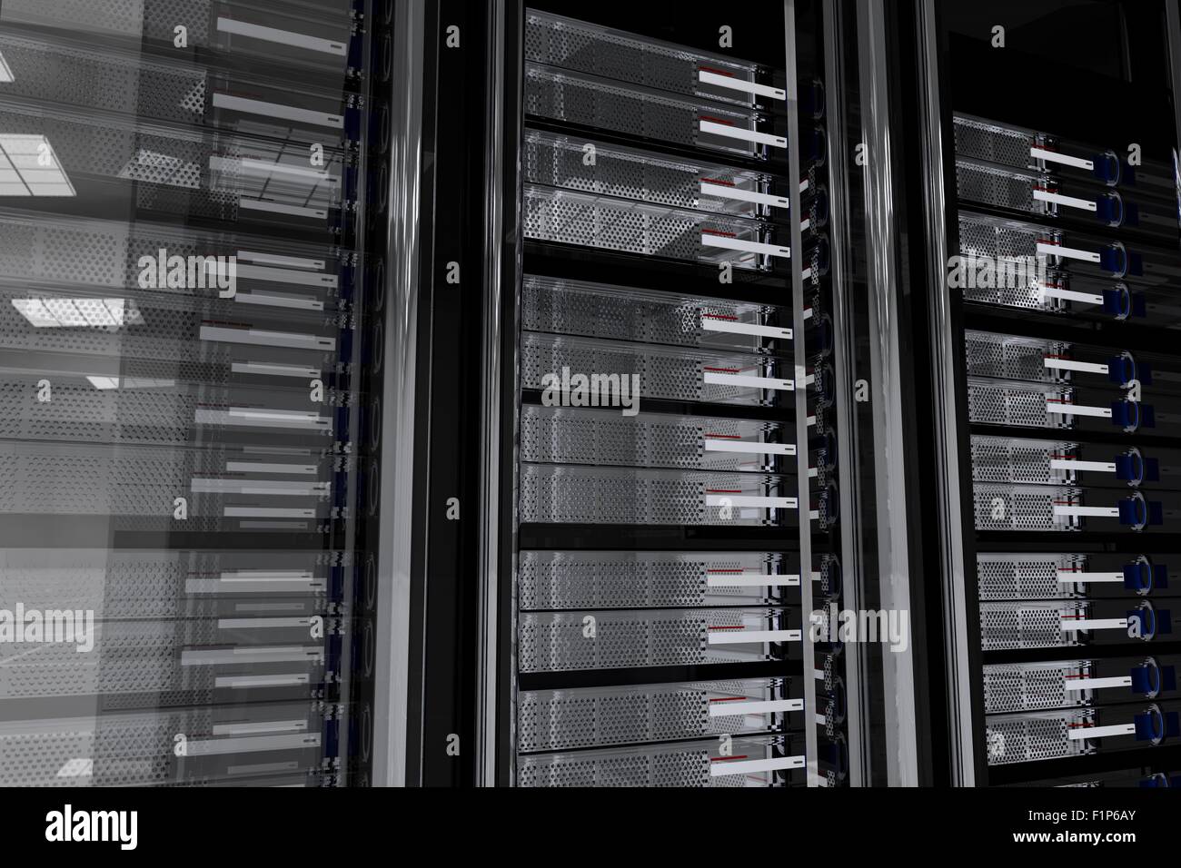 Dark Servers Room. Glassy-Metallic Server Racks. Wall of Servers. Dark Server Room 3D Generated Illustration. Hosting Related Th Stock Photo