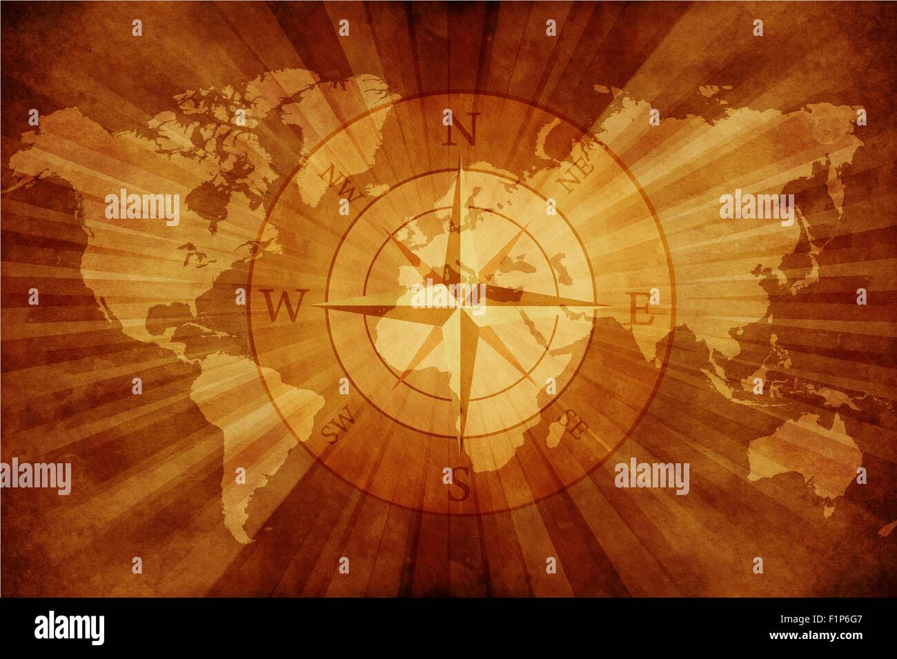 Old World Map with Compass Rose. Grungy Old Paper World Map with Compass. Stock Photo