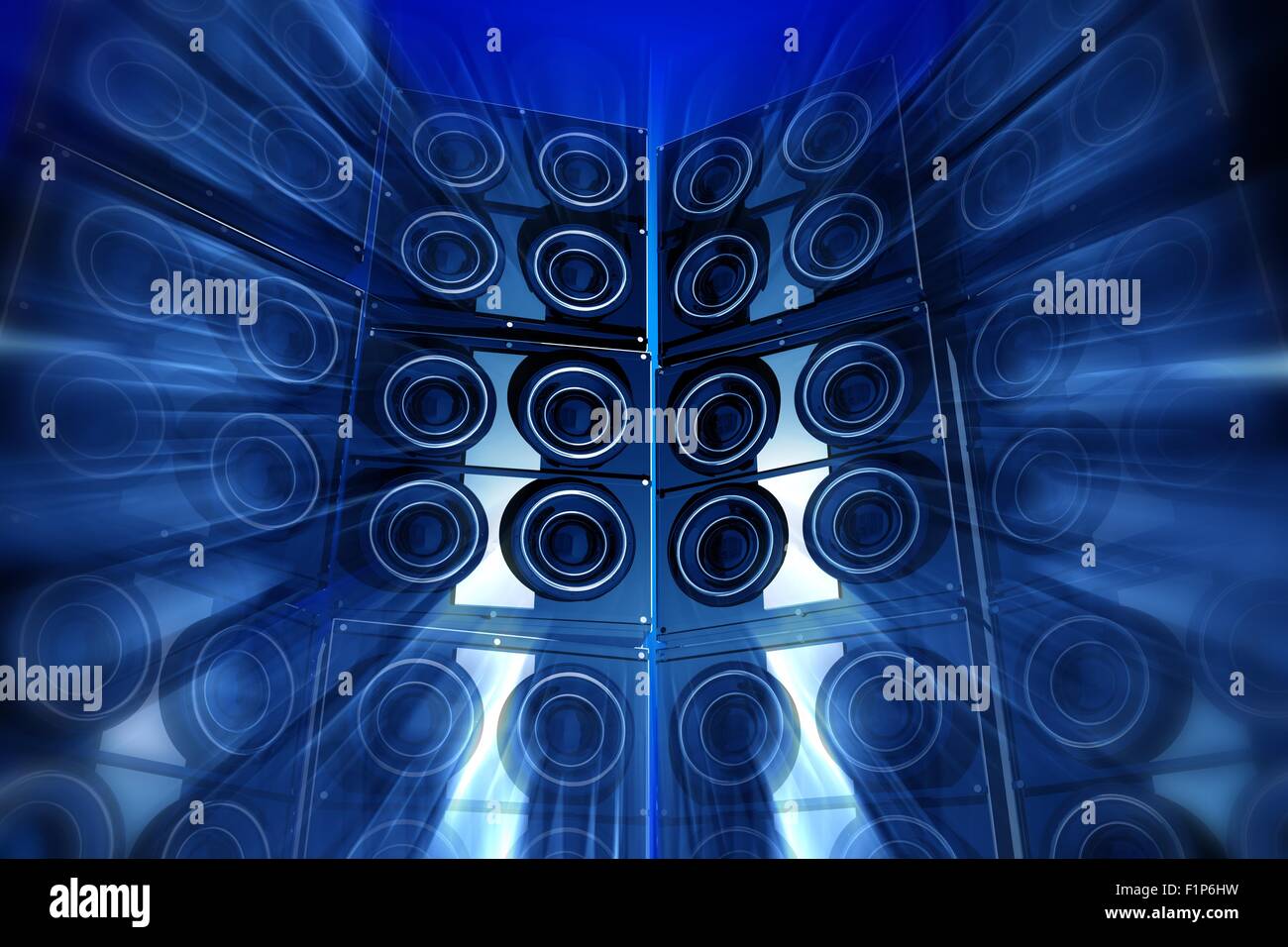 Loudness Party. Performance Theme with Large Bass Speakers and Motion Blur Effect. Blue Tones. Perfect for Techno Party Flyers e Stock Photo