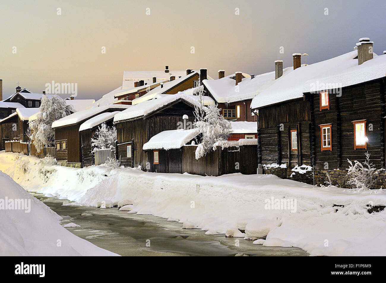 The historical town Røros at night in winter Stock Photo - Alamy