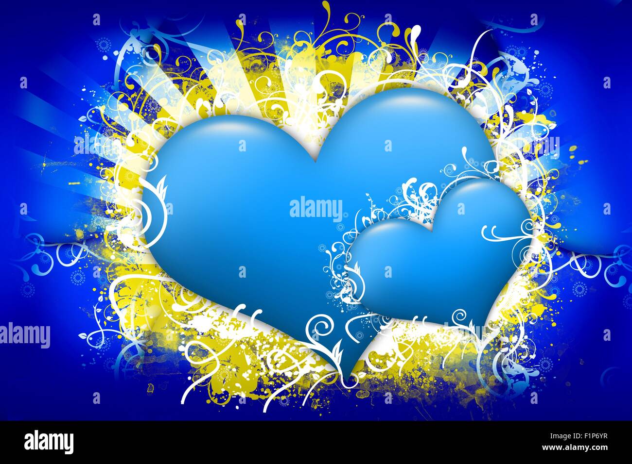 Blue Hearts Design. Two Glassy Blue Hearts with Floral Ornaments. Dark Blue Background with Yellow Grunge Rays. Valentine's Day Stock Photo