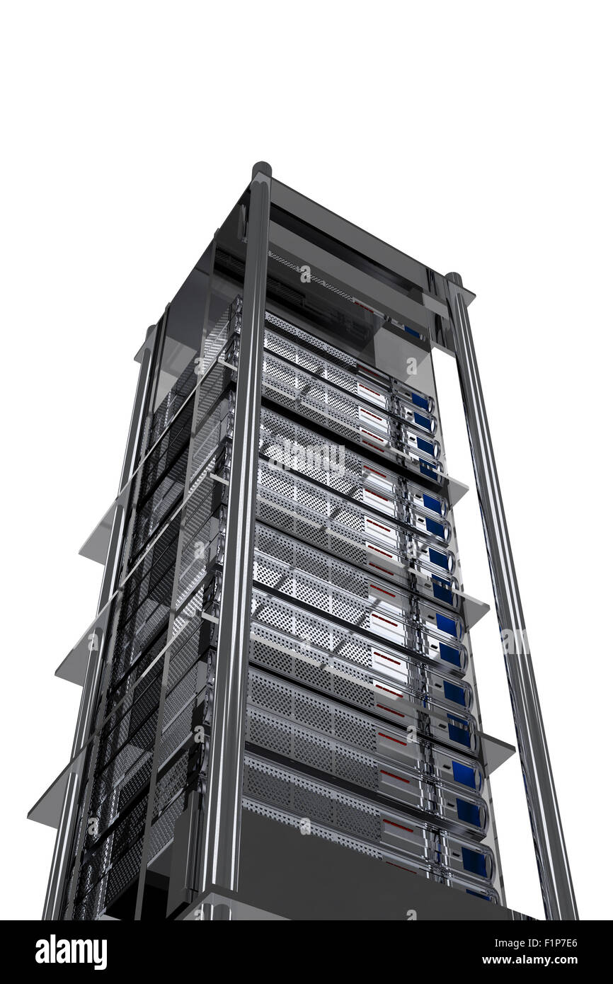 Servers Tower - Modern Metallic Server Rack Isolated on White. Stock Photo