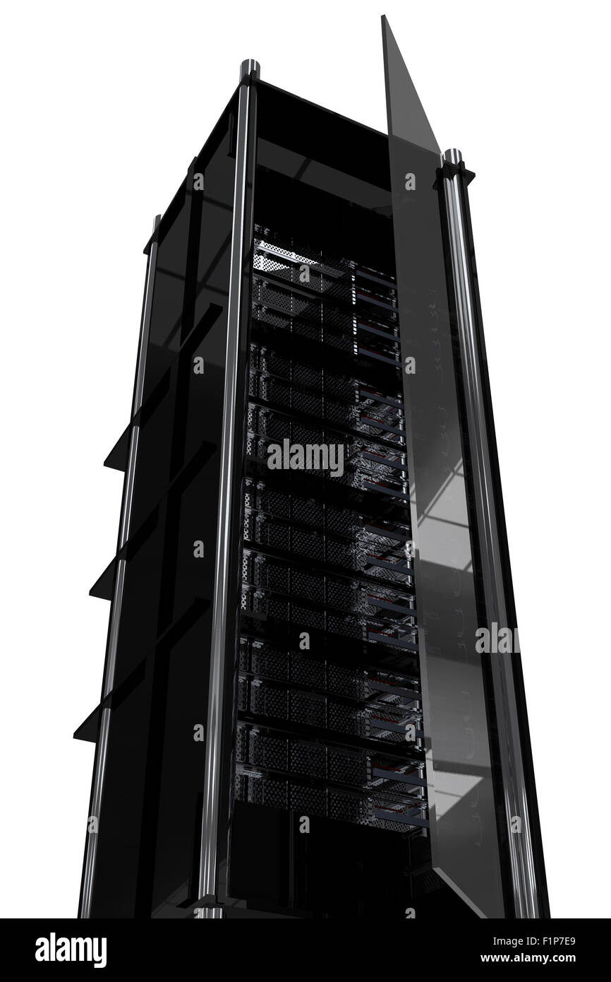 Hosting Tower / Rack. Modern Dark Black Servers Rack with Glass Door Stock Photo