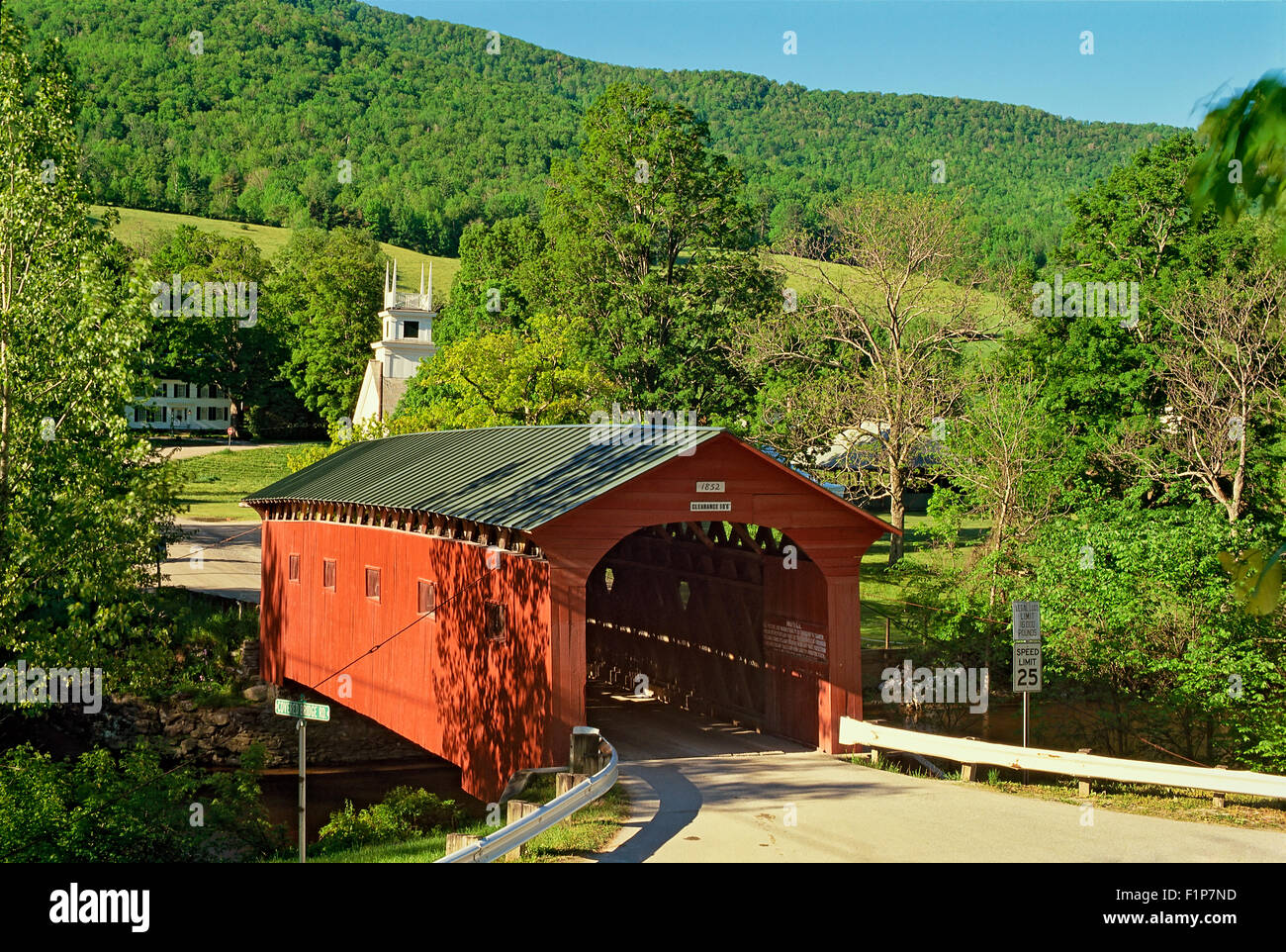 Covered bridge and church near West Arlington, Vermont, USA Stock Photo