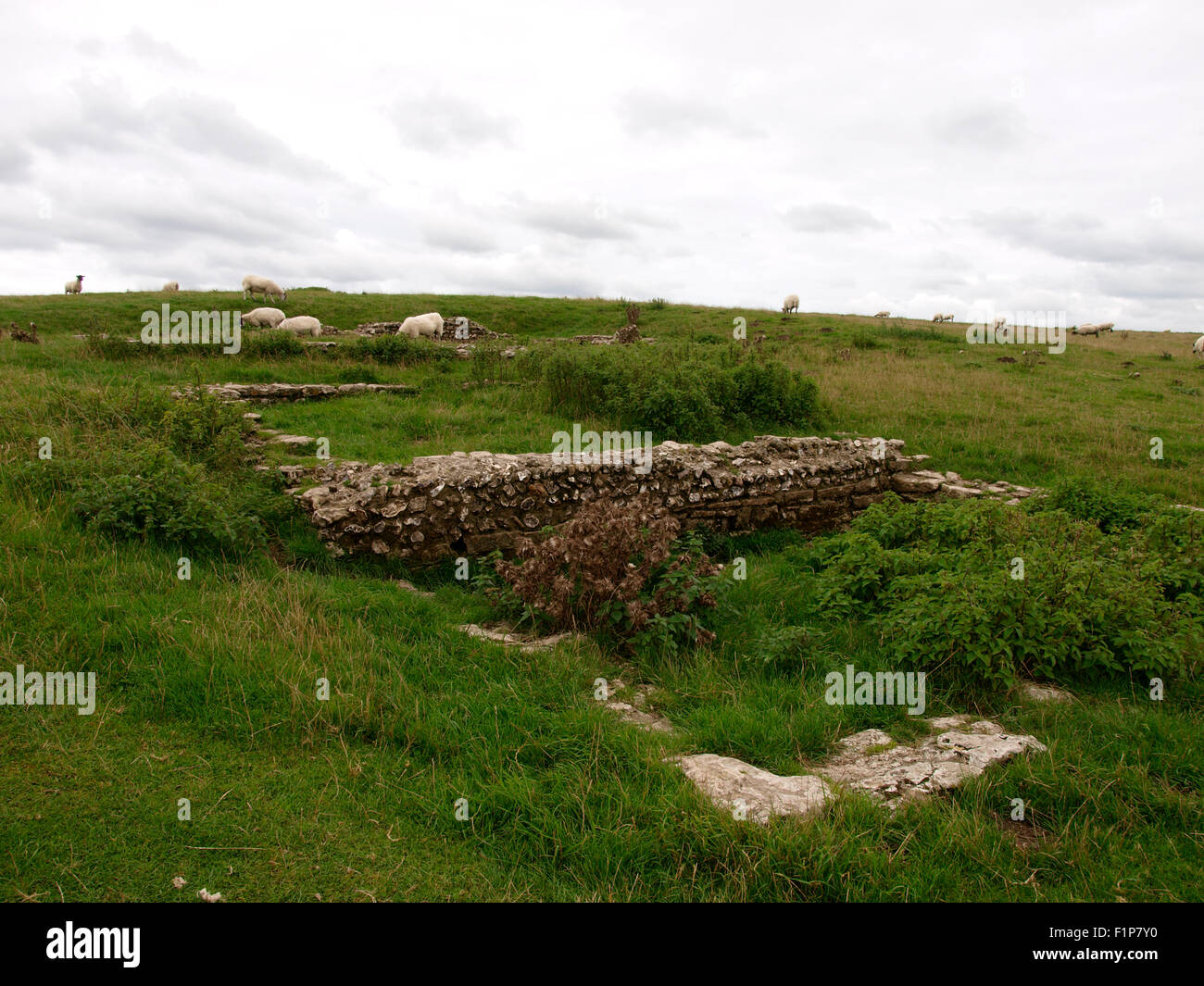 Remains of Romano-British Temple, Maiden Castle, Iron age hill fort, Dorchester, Dorset, UK Stock Photo