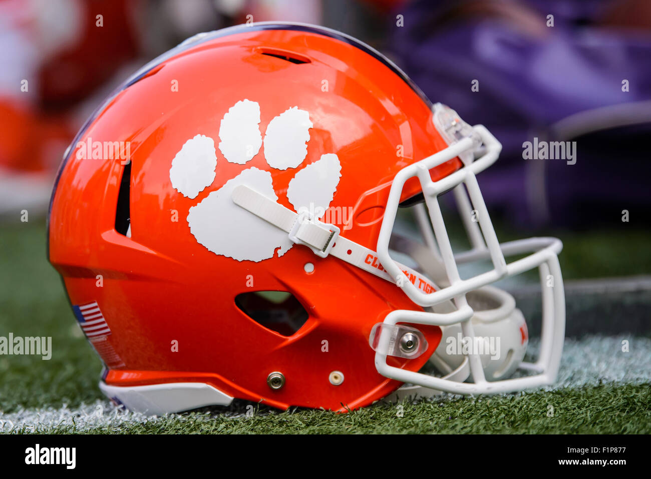 Clemson Tigers football helmet in action during the NCAA Football Stock