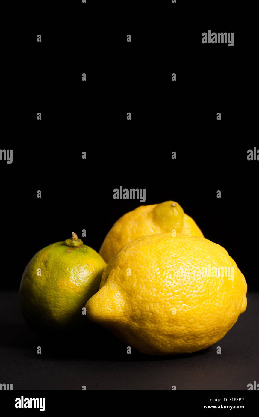 Low key still life image of 2 lemons and a lime Stock Photo