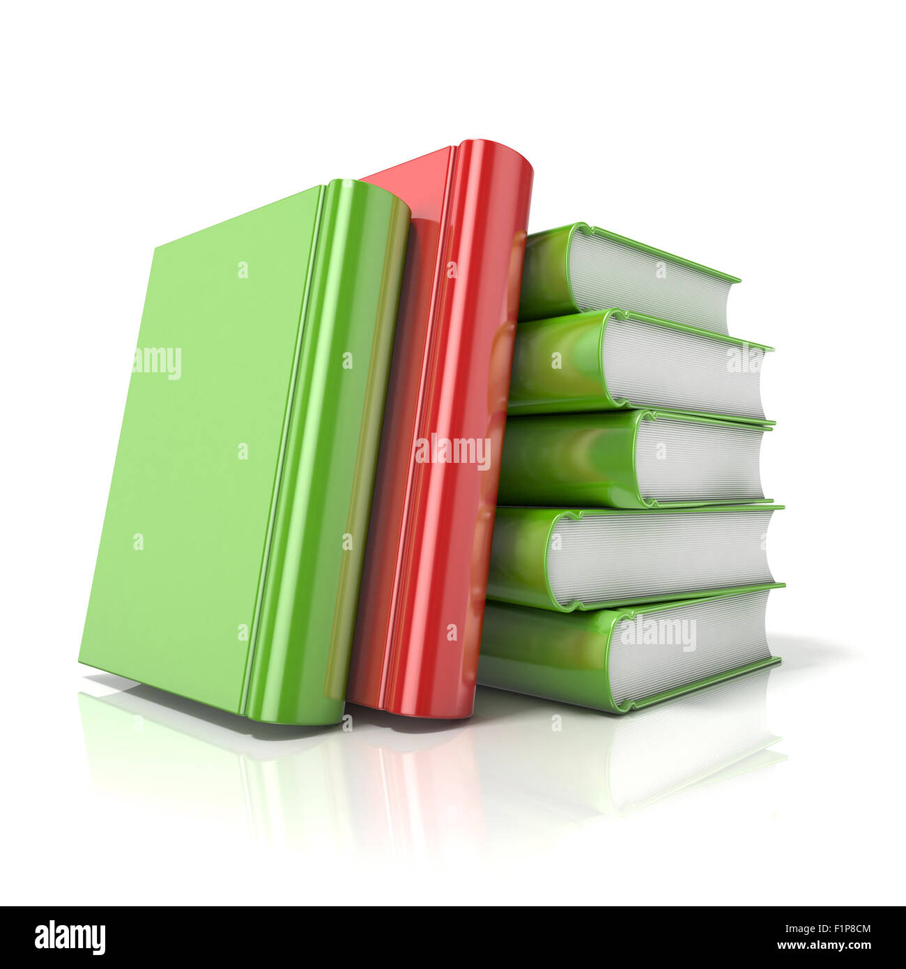 Green books with one red book. 3D render illustration isolated on white background Stock Photo
