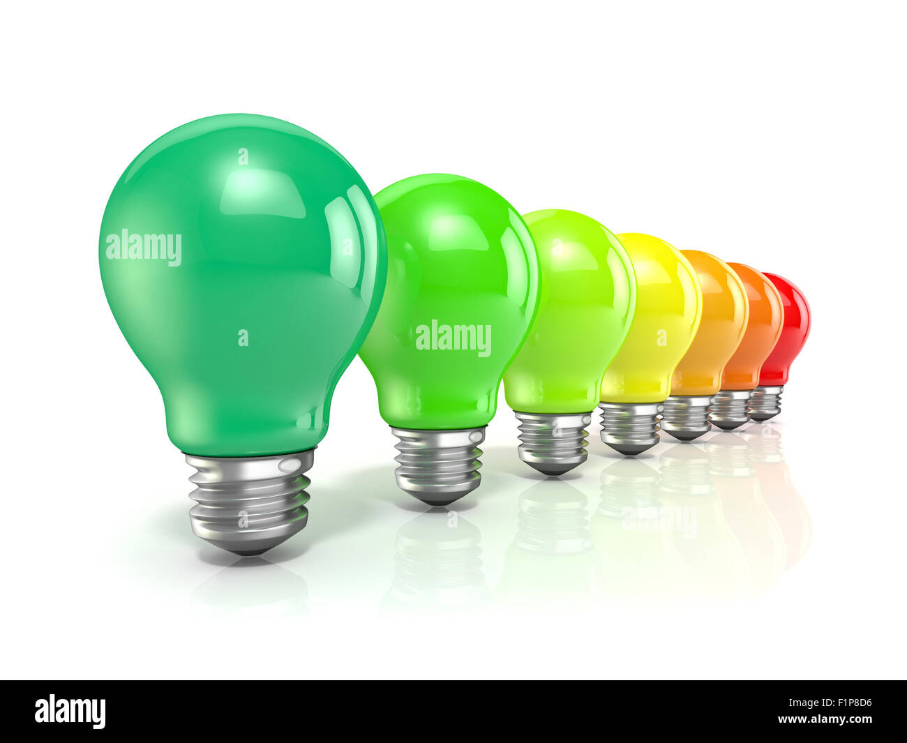 Energy efficiency concept with light bulbs. 3D render illustration isolated on white background Stock Photo