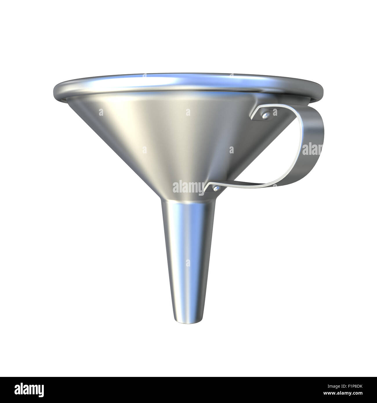 Steel funnel. 3D render illustration, isolated on white. Side view Stock Photo
