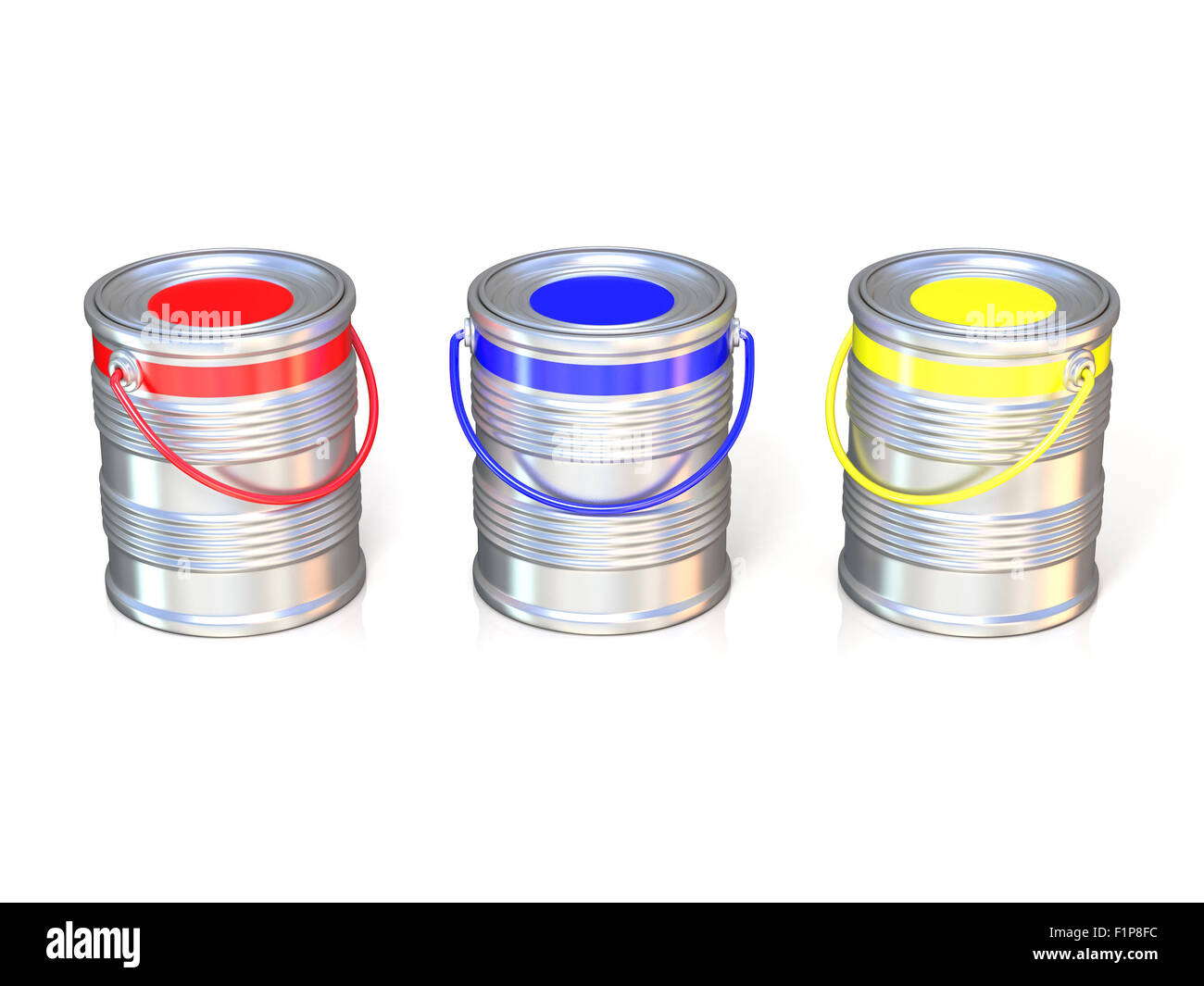 Metal tin cans with basic colors (red, blue and yellow) paint. Isolated on white background Stock Photo
