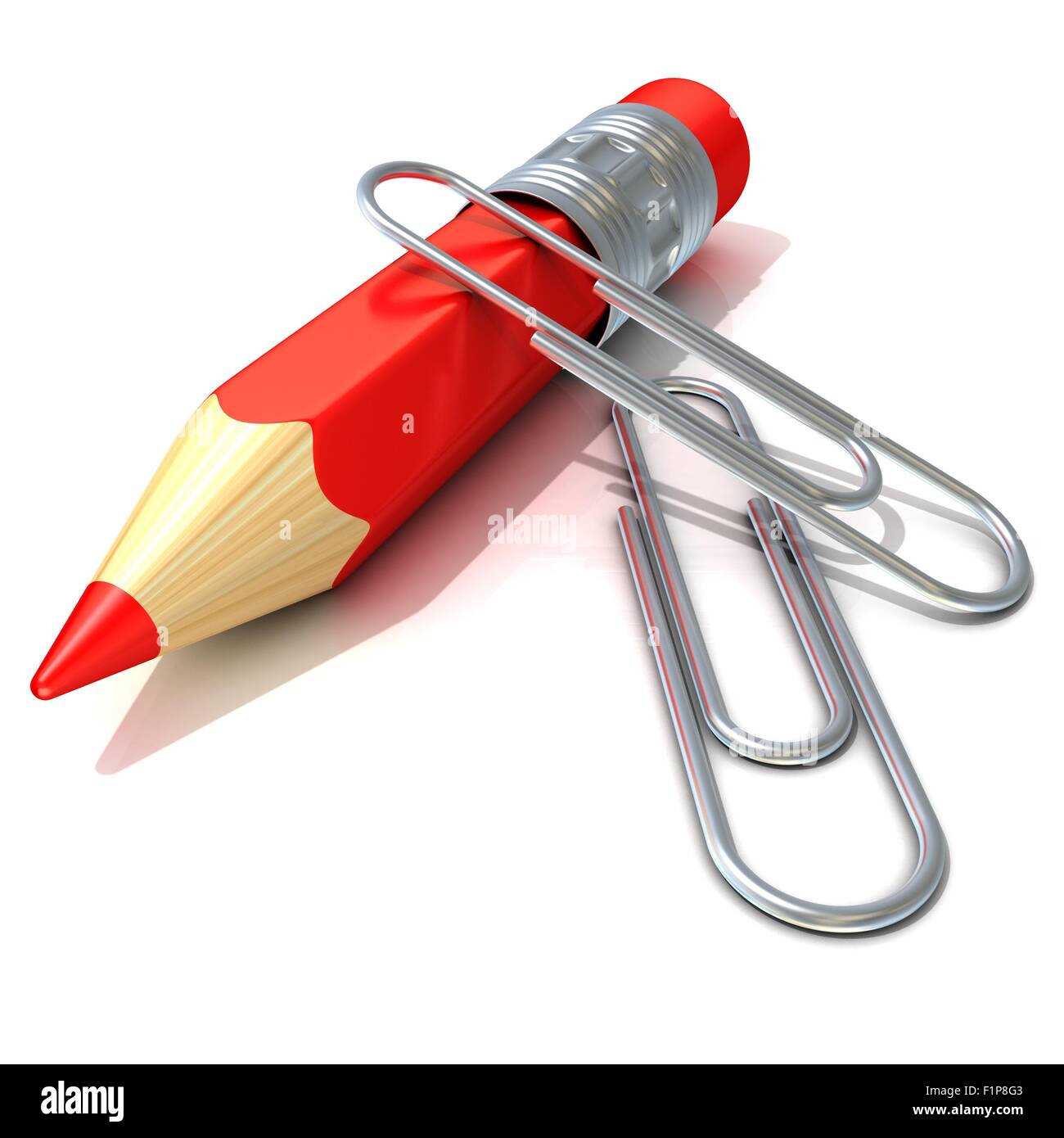Red pencil and silver paper clips, isolated on white background. 3D ...