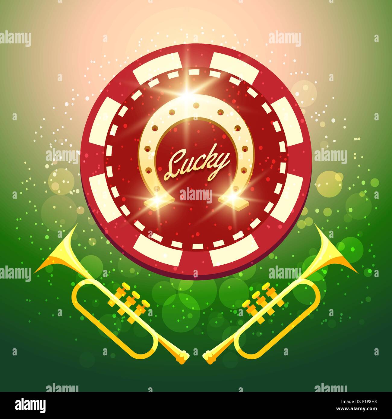Horseshoe Casino chip with lettering Lucky and two trumpets against festive background. Stock Vector