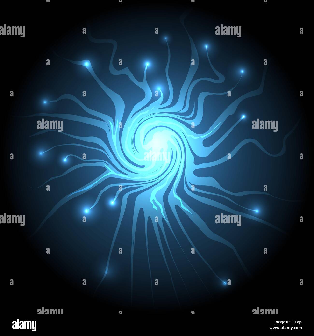 Abstract electric whirlpool background. Blue vortex and glowing sparks. Stock Vector