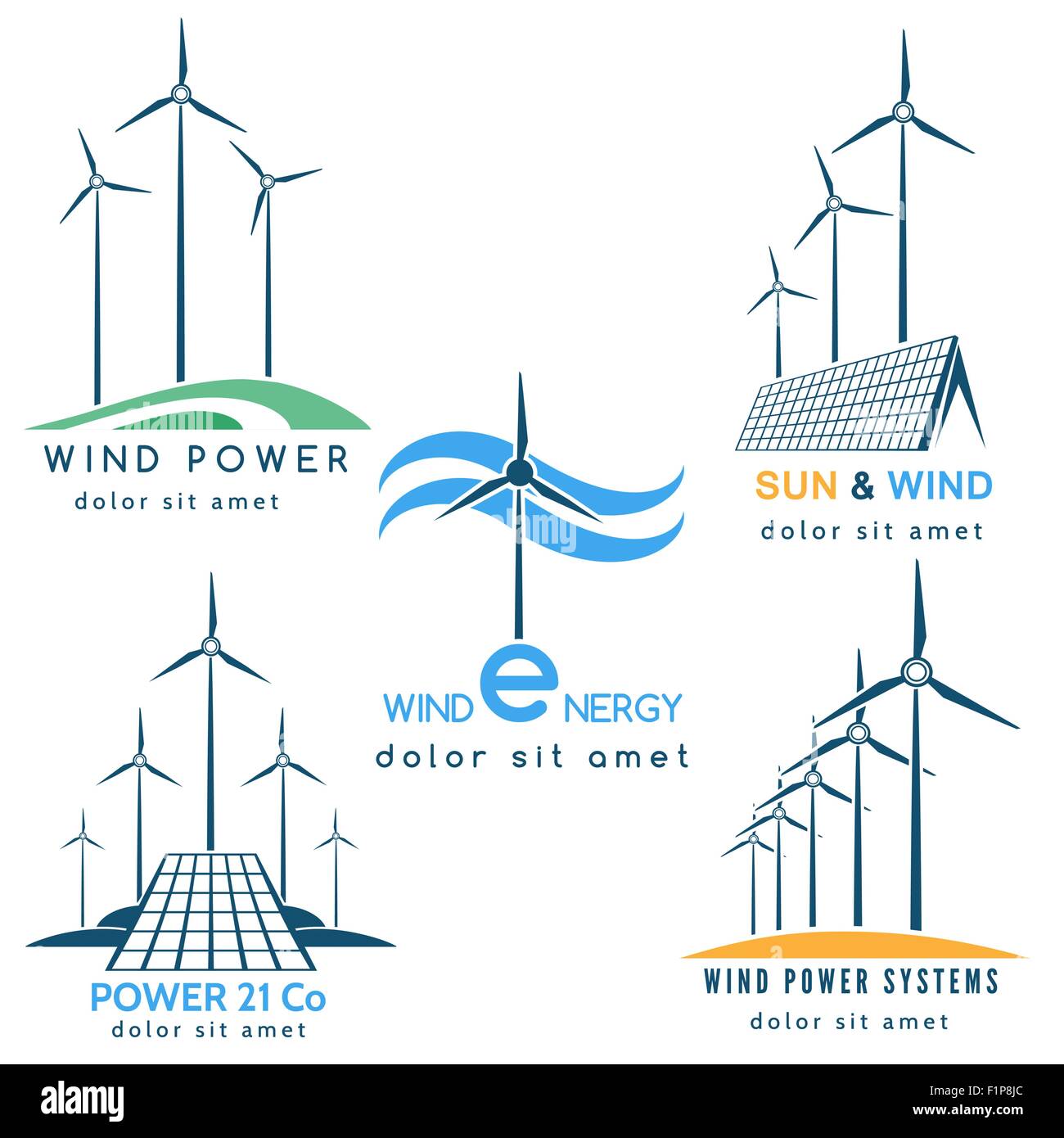 Power making company  logo or emblem set. Solar and wind energy generators and turbines. Free font used. Isolated on white Stock Vector