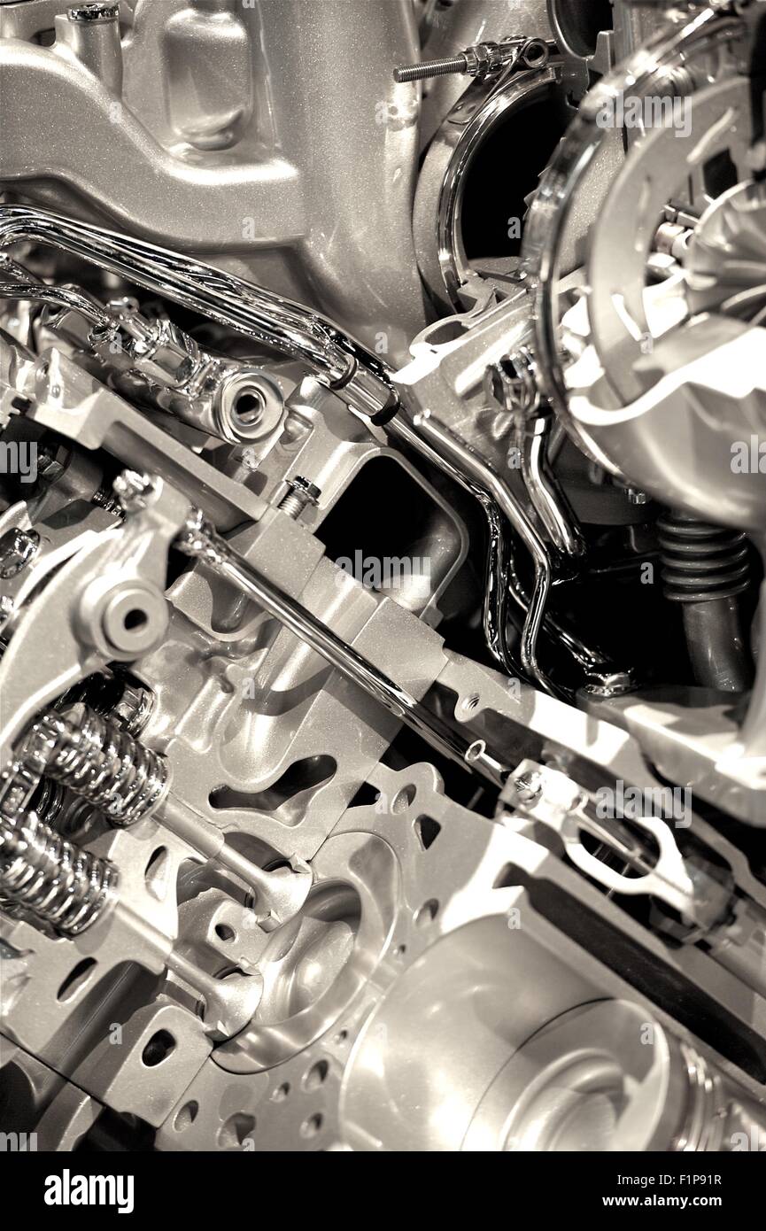Shiny Engine Closeup. Powerful and Economic Vehicle Engine.Technology Photo Collection Stock Photo