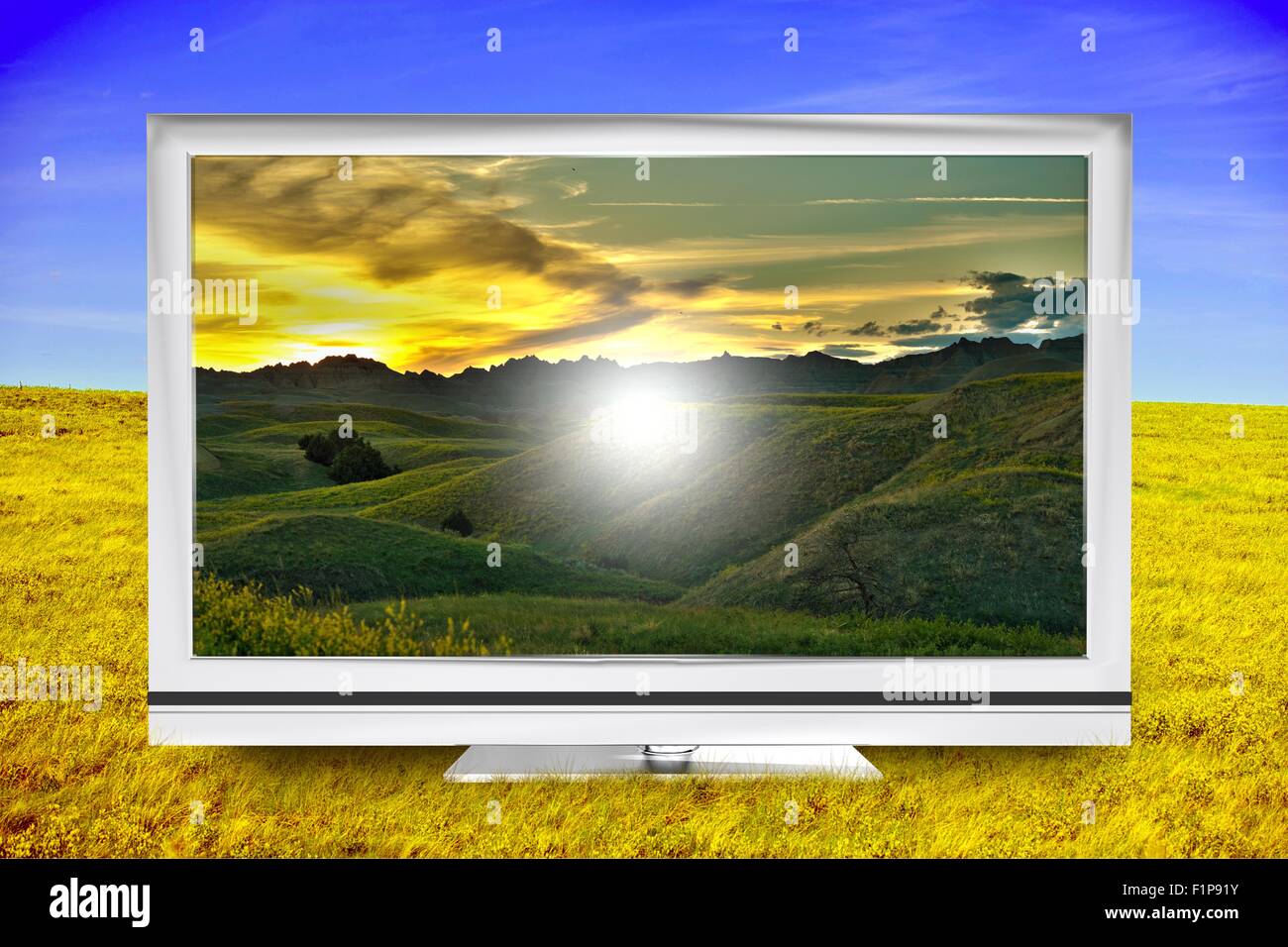 Earth TV. Plasma TV on the Summer Meadow. Displaying Beautiful Landscape. Travel Theme Illustration. Stock Photo