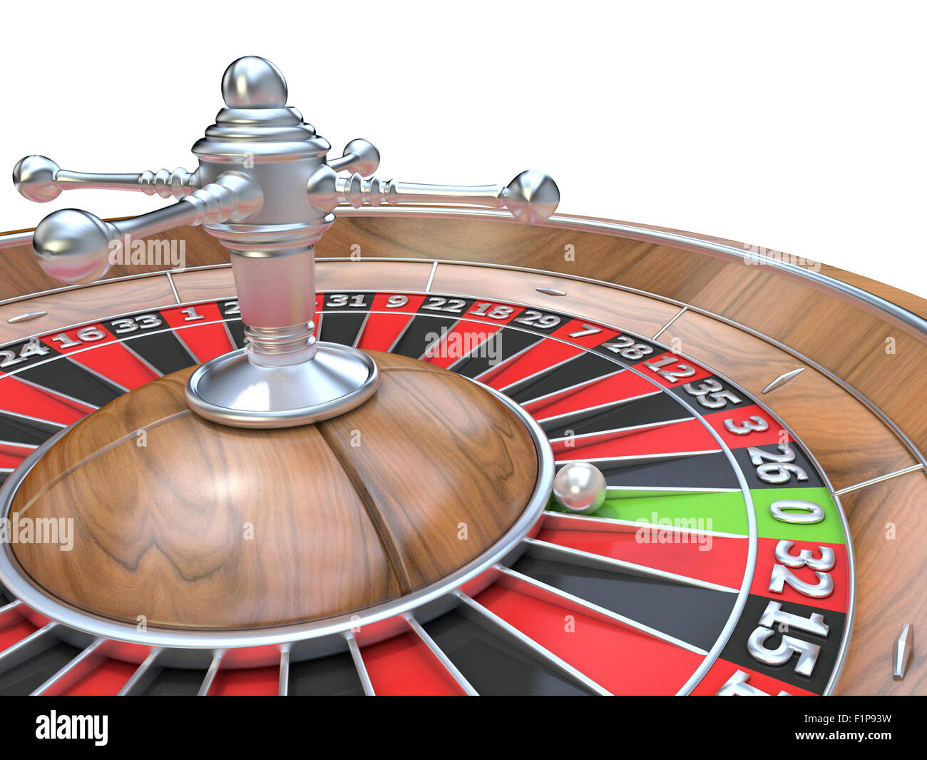 Roulette wheel. 3D render illustration isolated on white background. Detail on zero green pocket