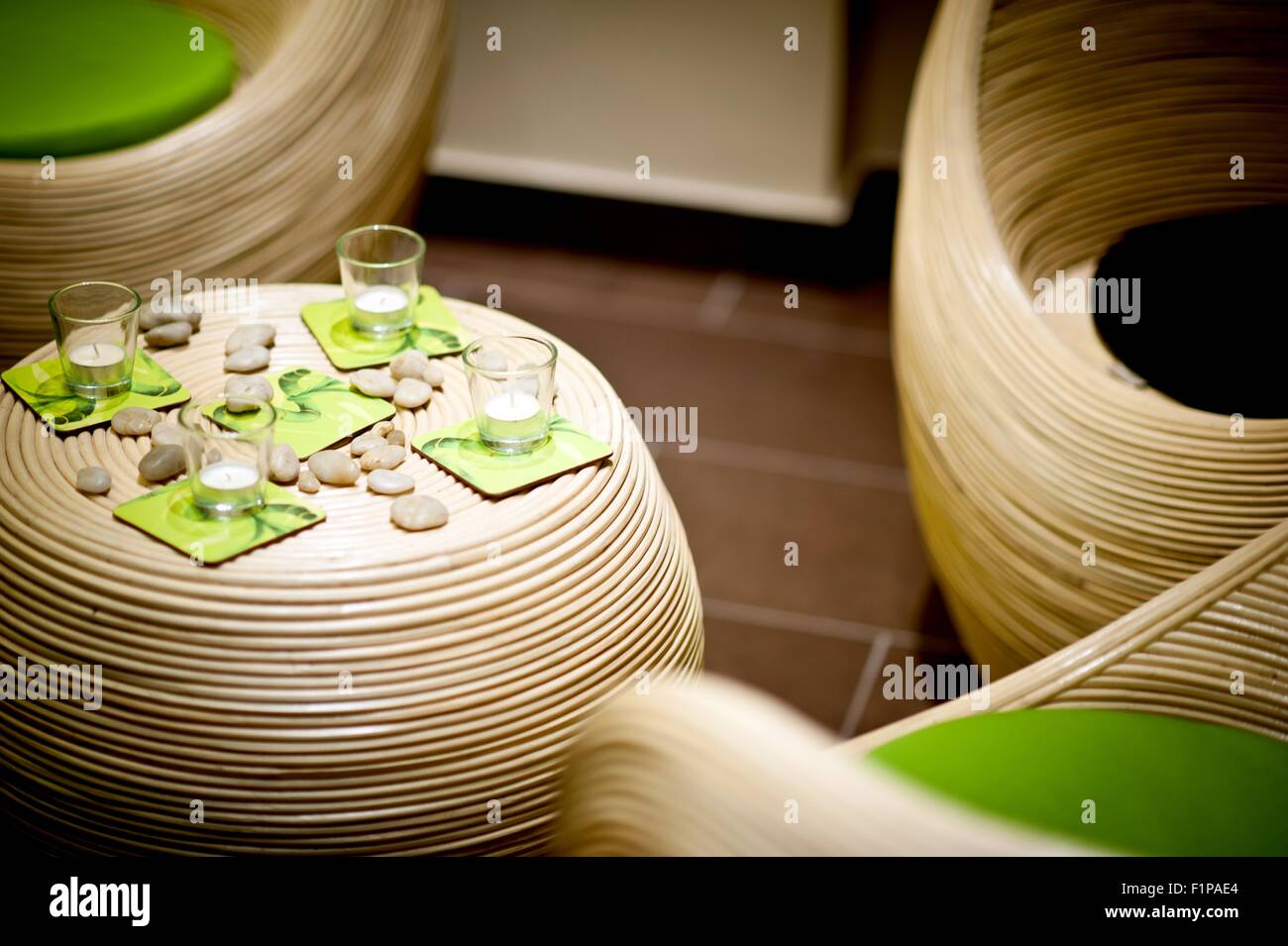 Wattle Furniture Set. Cool Wattle Furnitures and Green Accessories. Home Interiors Photo Collection. Horizontal Photo. Stock Photo