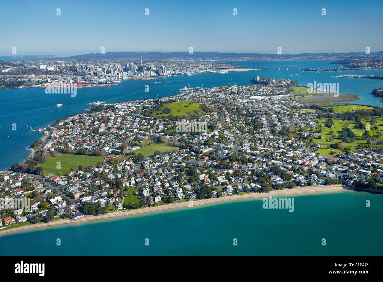 Cheltenham Beach, Devonport, Auckland, North Island, New Zealand - aerial Stock Photo
