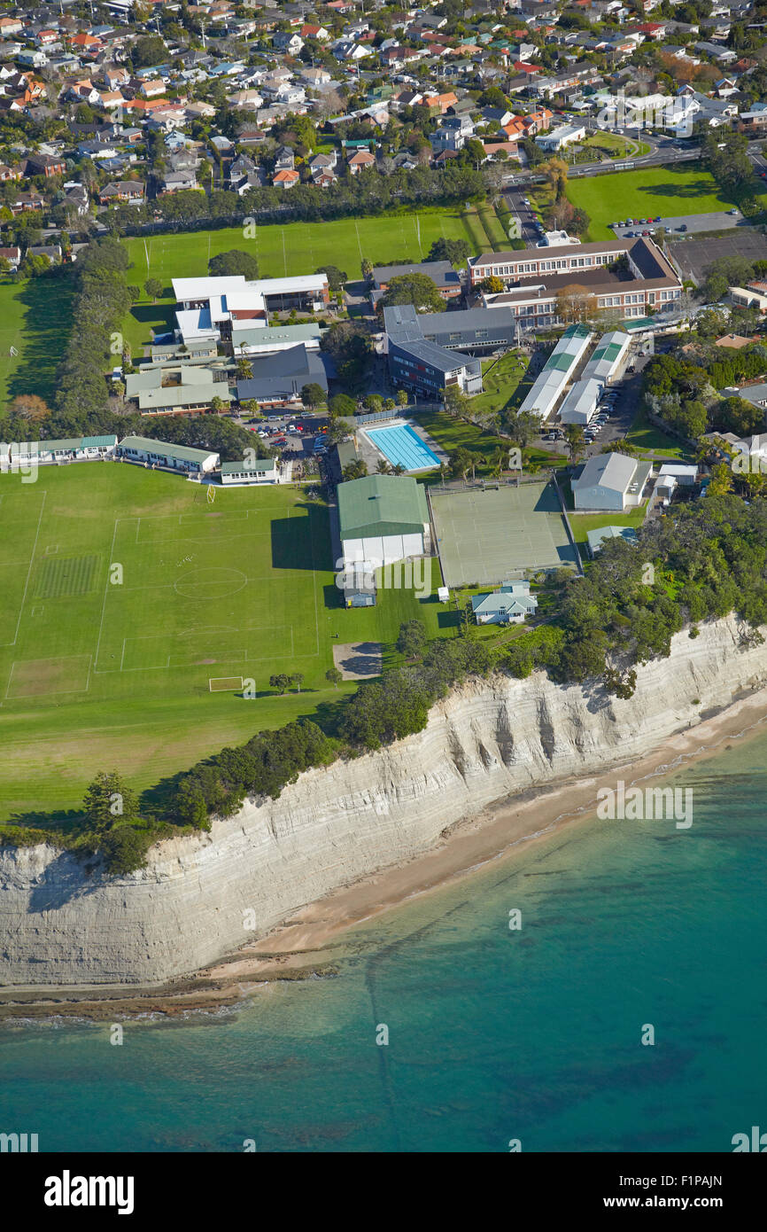 Takapuna Grammar School, Takapuna, Auckland, North Island, New Zealand - aerial Stock Photo