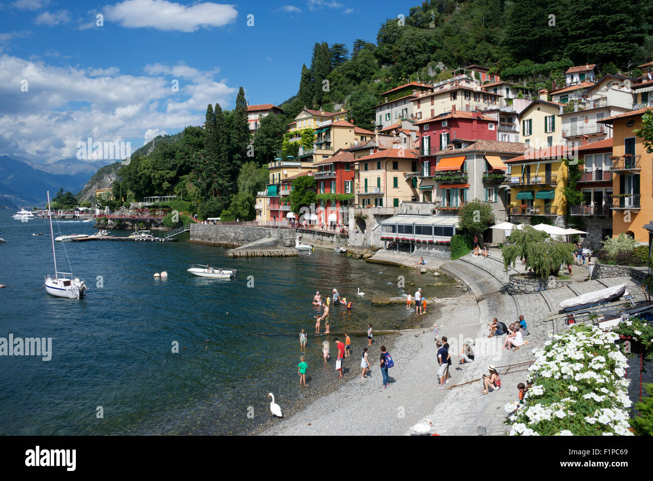 Pebble beach Old town Varenna Lake Como Lombardy Italy Stock Photo