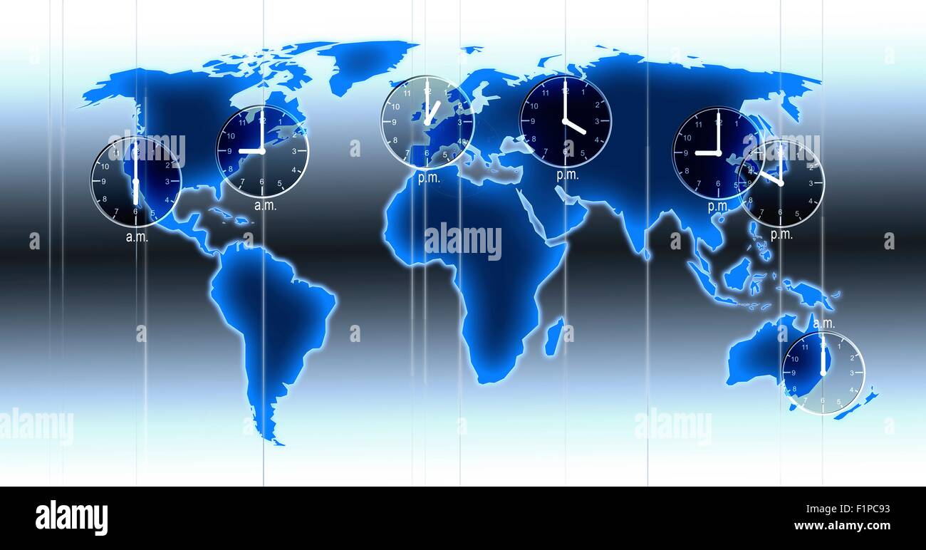 Computer artwork of a world map illustration with indicated time zones clocks at locations and time differences of Los Angeles Stock Photo